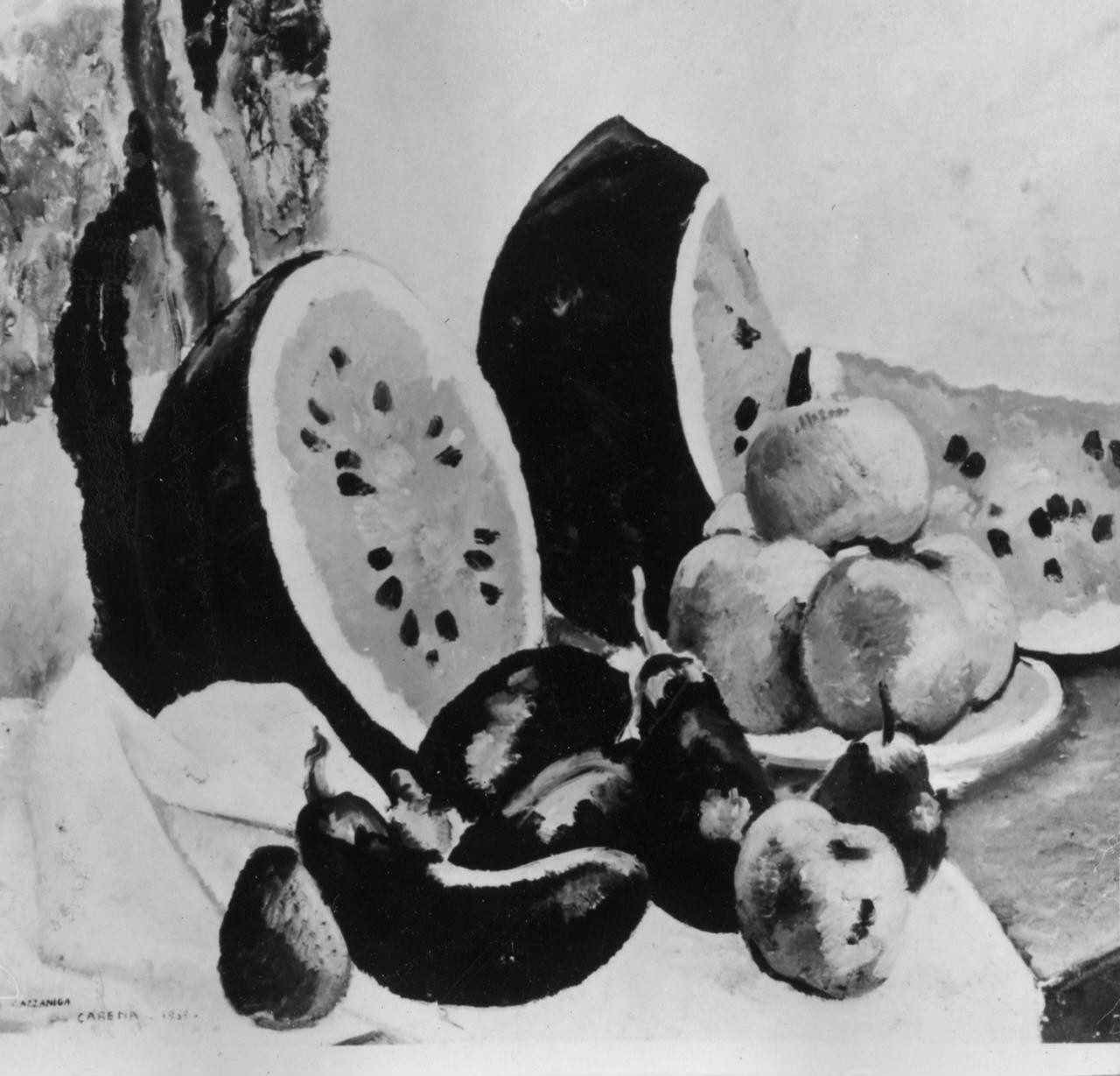 Cocomeri, natura morta di verdura e frutta (dipinto) di Carena Felice (sec. XX)