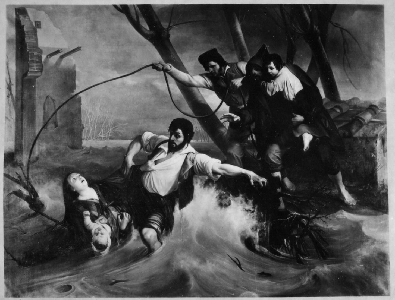 Una famiglia salvata dall'inondazione del Serchio, episodio dell'inondazione del Serchio nel 1843 (dipinto) di Pollastrini Enrico (sec. XIX)