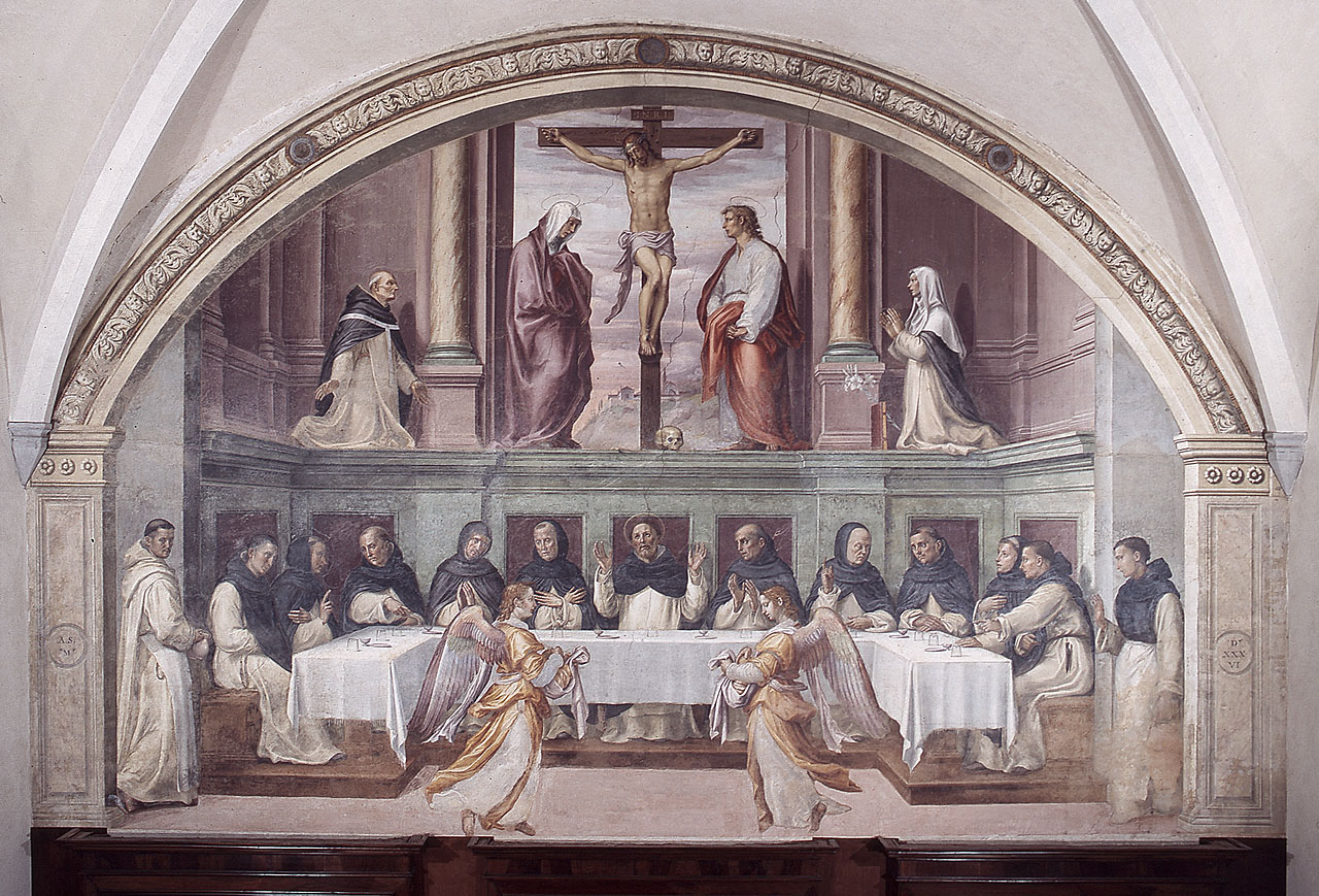 San Domenico e i frati ricevono il pane dagli angeli con Cristo crocifisso e santi (dipinto) di Sogliani Giovanni Antonio (sec. XVI)