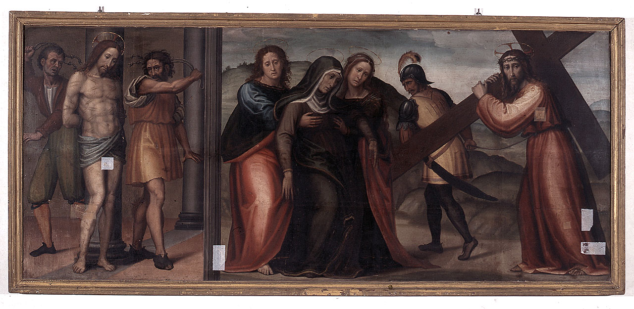 flagellazione di Cristo, salita di Cristo al monte Calvario (dipinto) di Sogliani Giovanni Antonio (sec. XVI)