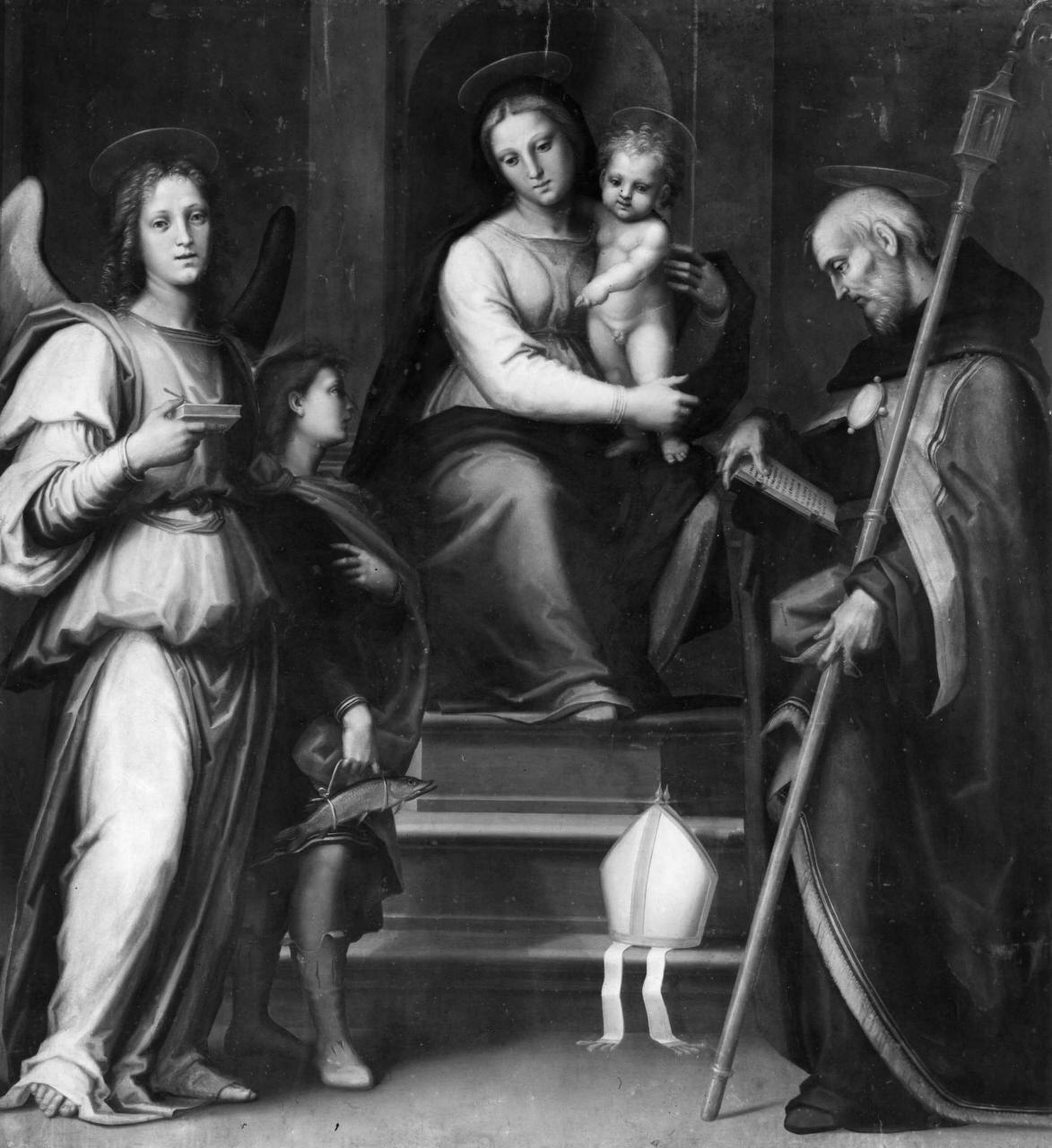 Madonna con Bambino, San Raffaele Arcangelo, Tobia, Sant'Agostino (dipinto) di Sogliani Giovanni Antonio (primo quarto sec. XVI)