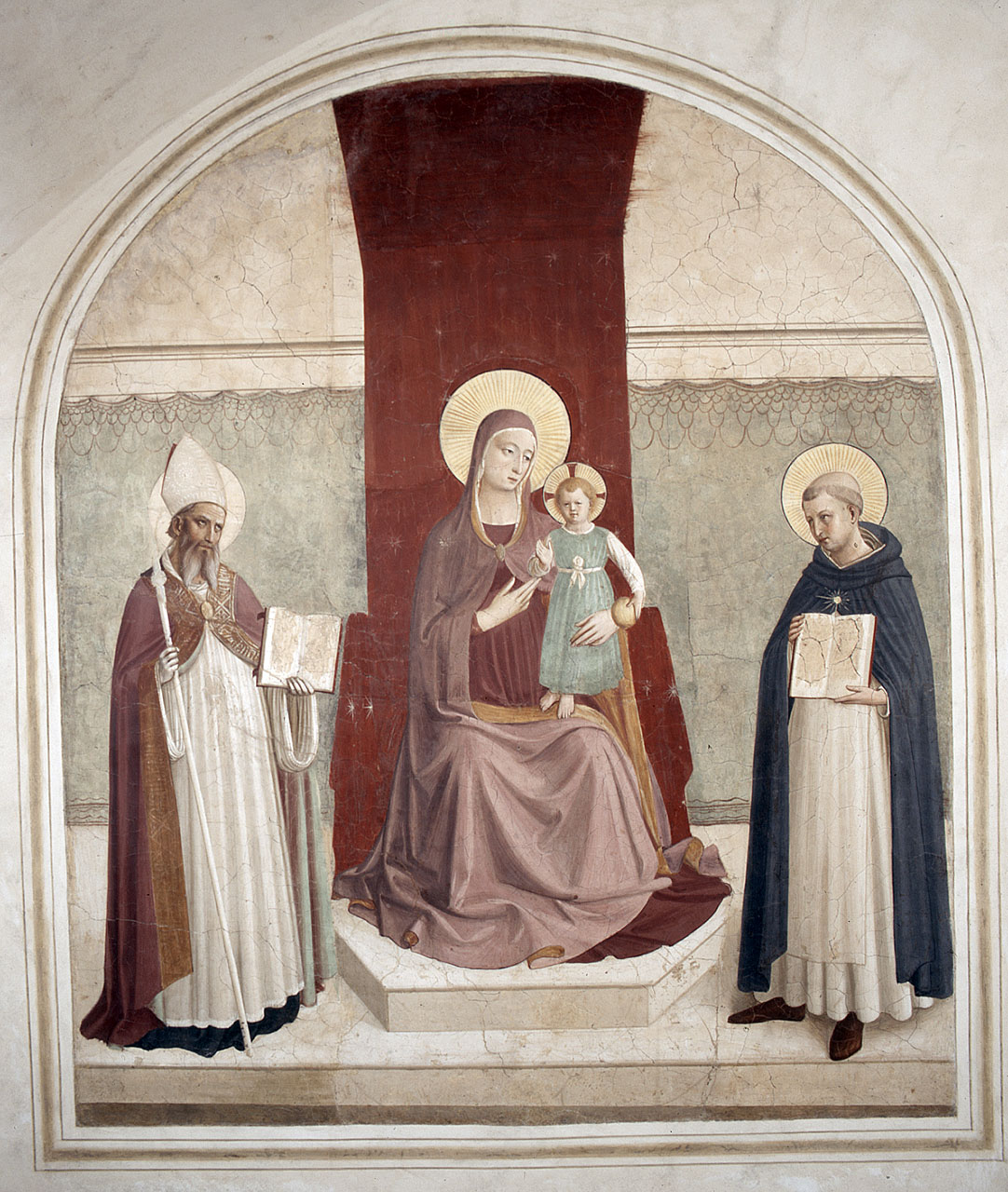 Madonna con Bambino, Santo vescovo, San Domenico (dipinto) di Giovanni da Fiesole detto Beato Angelico (e aiuti) (secondo quarto sec. XV)