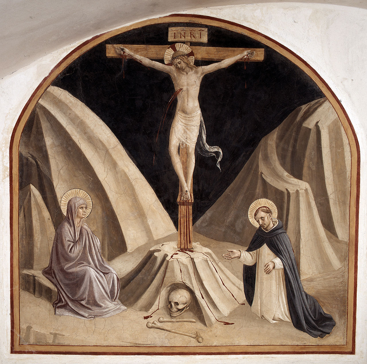 Cristo crocifisso, Madonna, San Pietro Martire (dipinto) di Gozzoli Benozzo (secondo quarto sec. XV)
