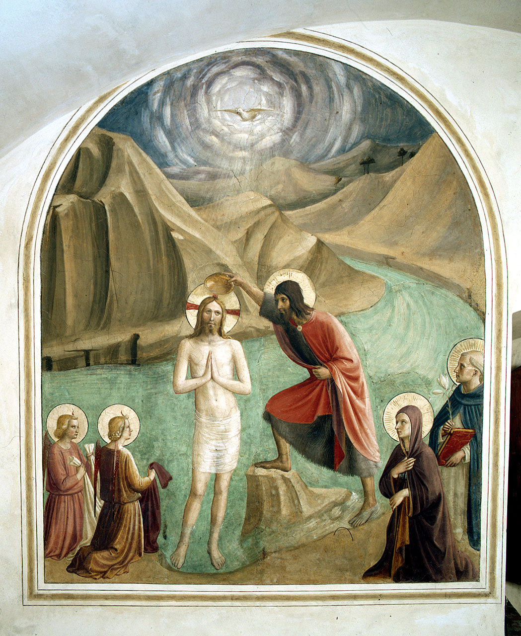 battesimo di Cristo, angeli, Beata Villana (?), San Domenico (dipinto) di Giovanni da Fiesole detto Beato Angelico (e aiuti) (sec. XV)
