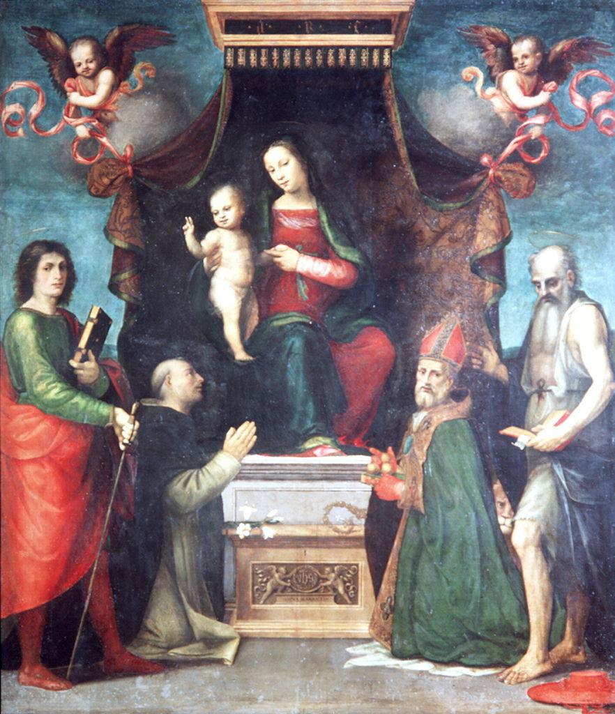 Madonna con Bambino in trono con San Giuliano l'Ospedaliere, San Domenico, San Nicola di Bari e San Girolamo (dipinto) di Albertinelli Mariotto (sec. XVI)