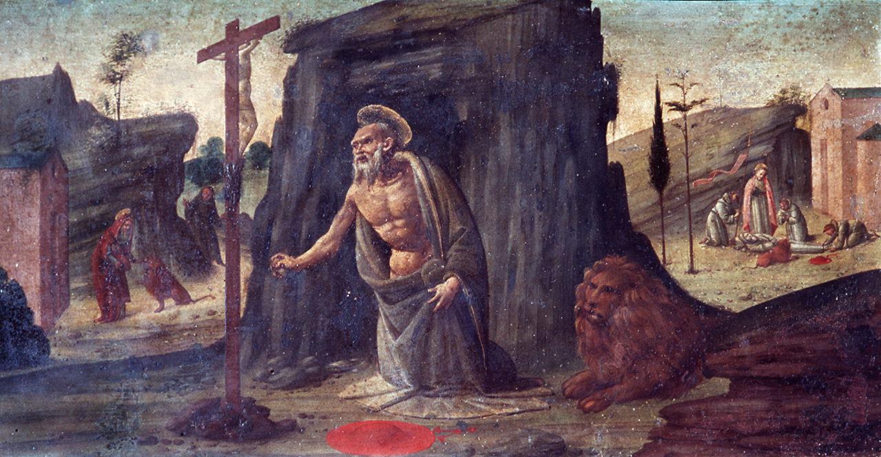 San Girolamo penitente nel deserto, San Girolamo estrae una spina dalla zampa del leone, sepoltura di San Girolamo (dipinto) di Bartolomeo di Giovanni (sec. XVI)
