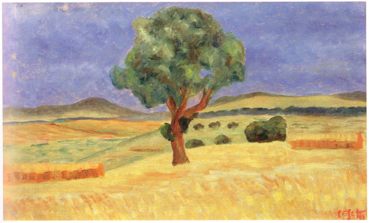 GRANO A MONTEFIASCONE, paesaggio con campi di grano, alberi e colline (dipinto) di Cesetti Giuseppe detto Tortorella (sec. XX)