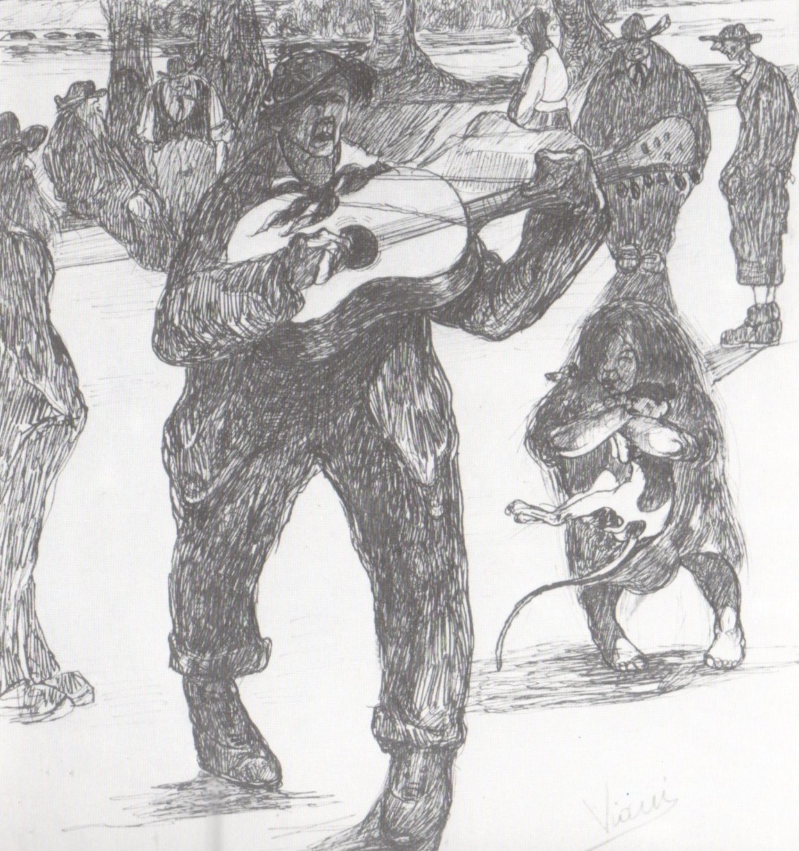 Suonatore ambulante con cane, suonatore di chitarra con cane (disegno) di Viani Lorenzo (sec. XX)