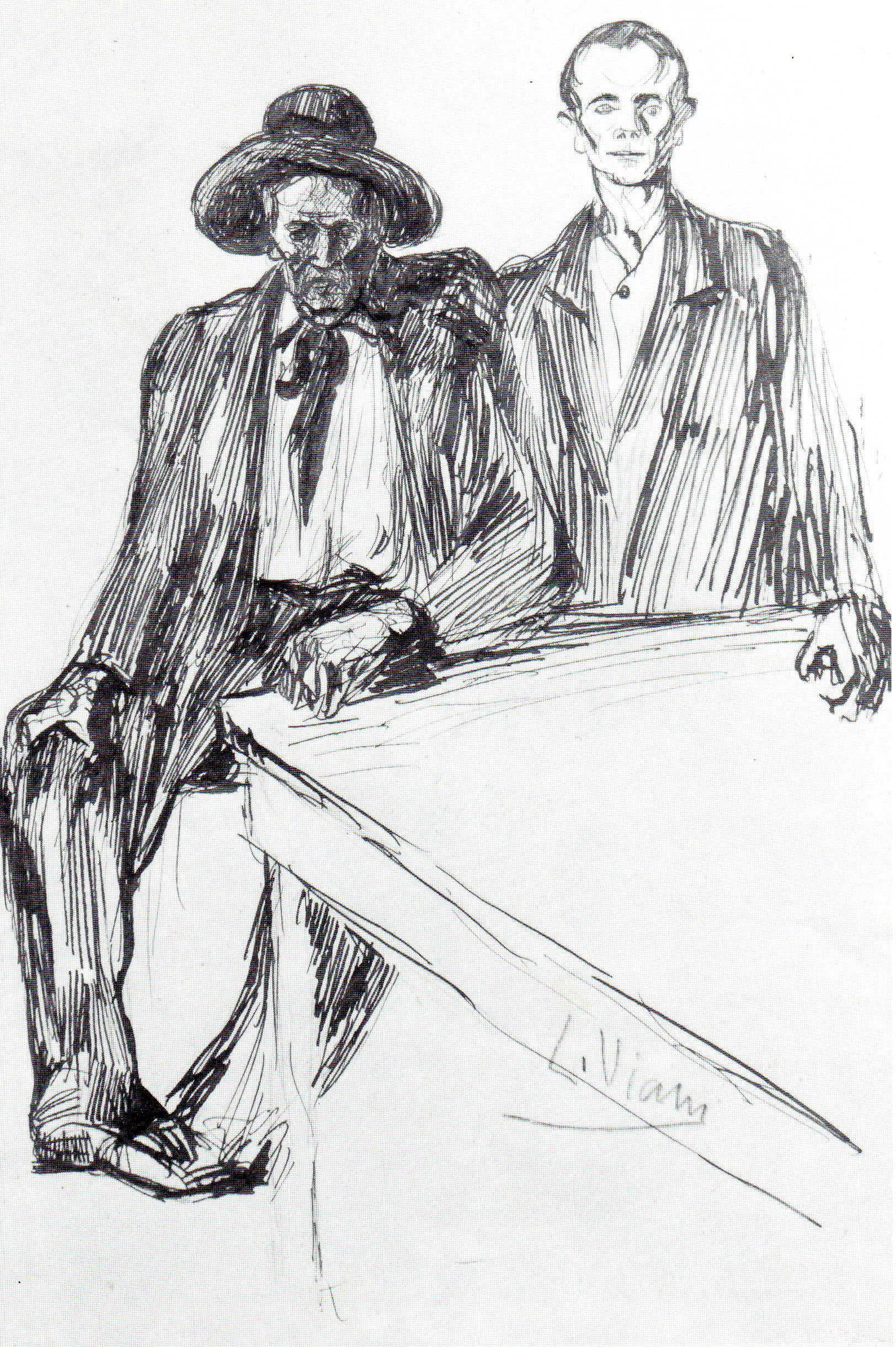 Anarchici, figure maschili sedute ad un tavolo (disegno) di Viani Lorenzo (sec. XX)