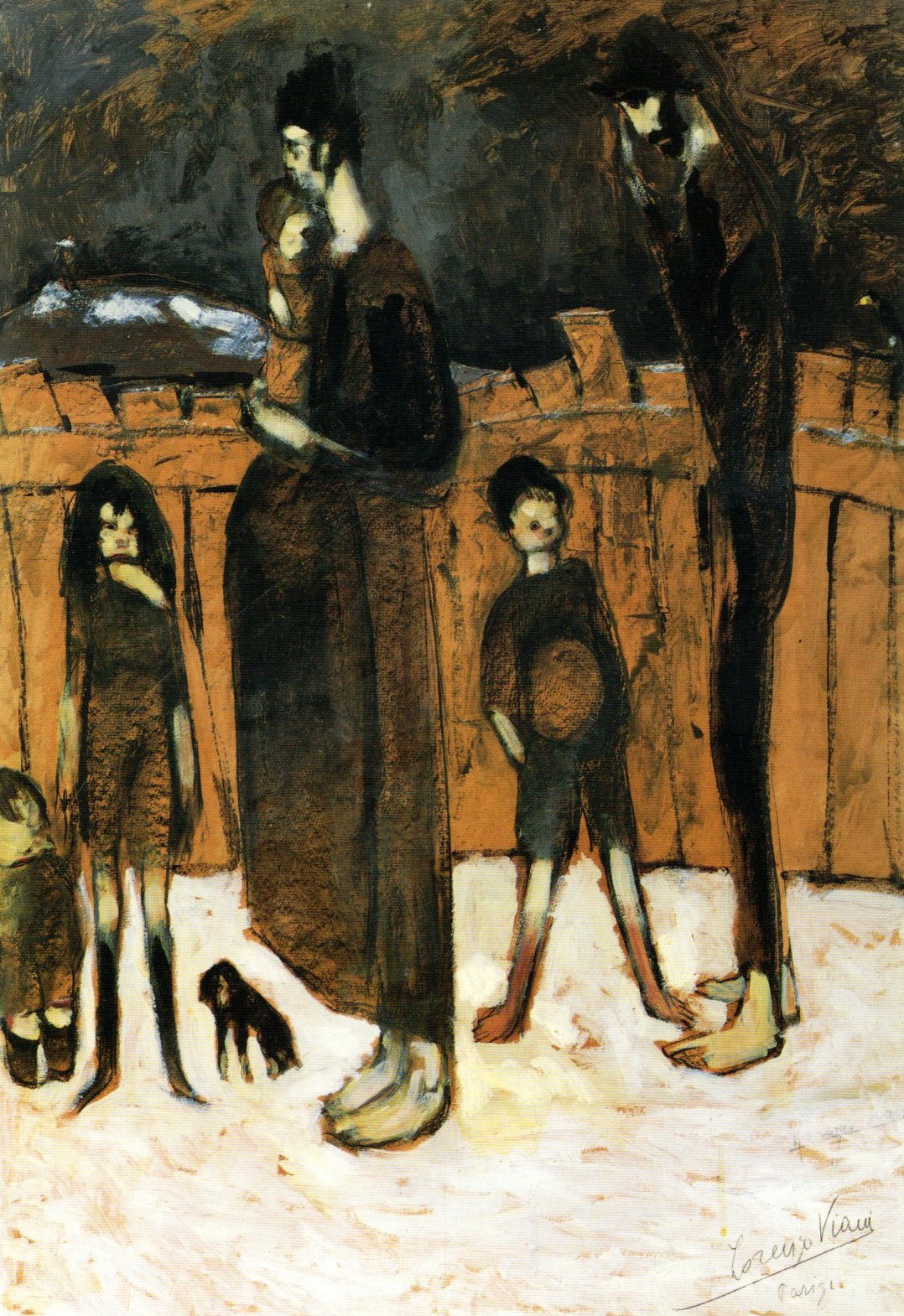 Famiglia di poveri, figura maschile e femminile con bambini e cane vicino ad una staccionata (dipinto) di Viani Lorenzo (sec. XX)