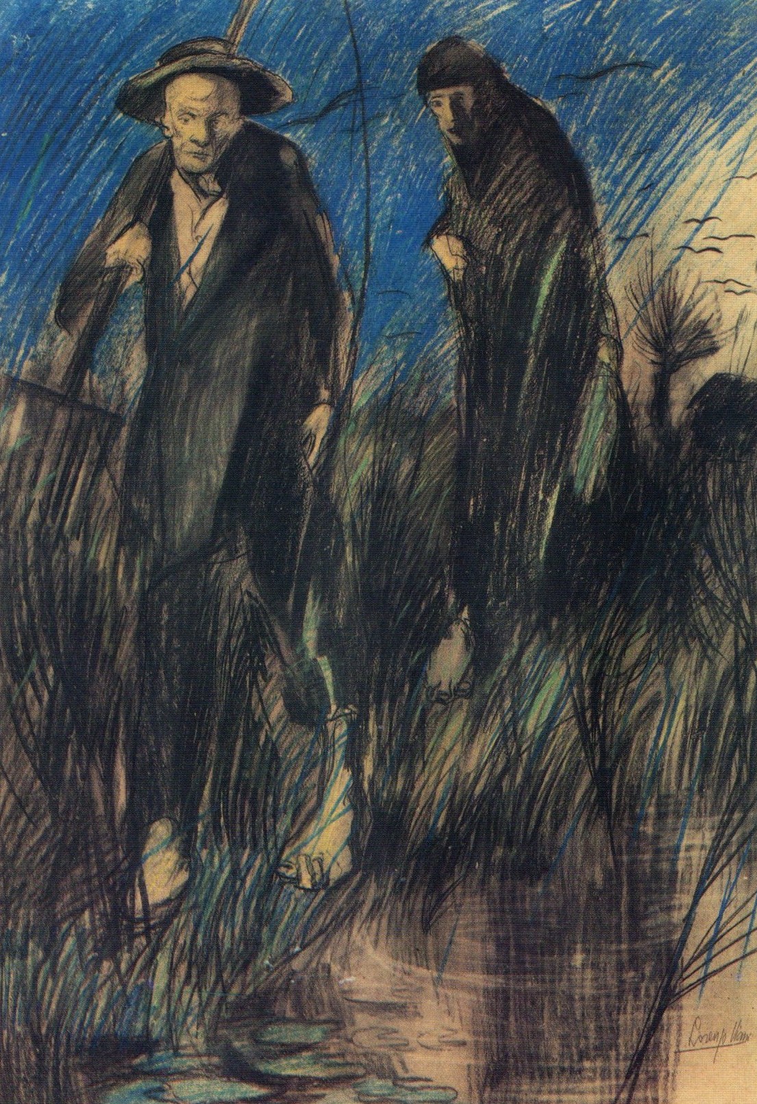 Due figure in palude, figure maschili in un canneto (disegno) di Viani Lorenzo (sec. XX)