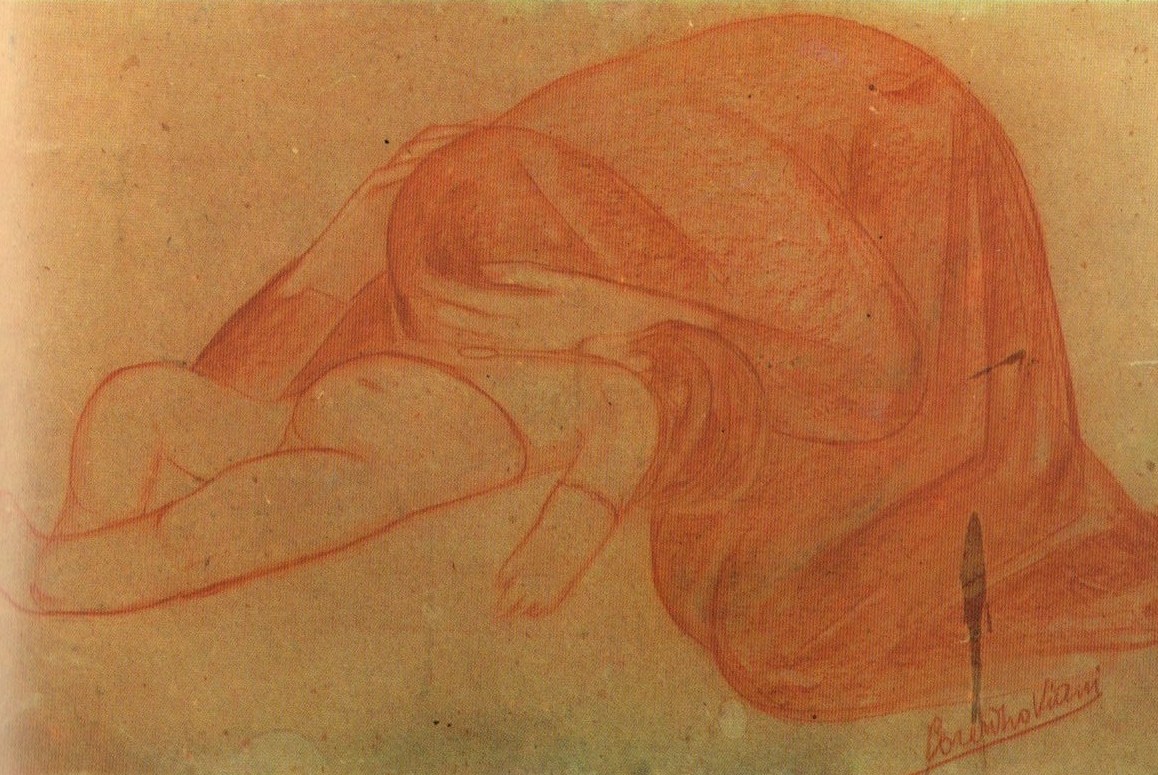 Madre con bambino morto, figura femminile piangente con bambino (disegno) di Viani Lorenzo (sec. XX)
