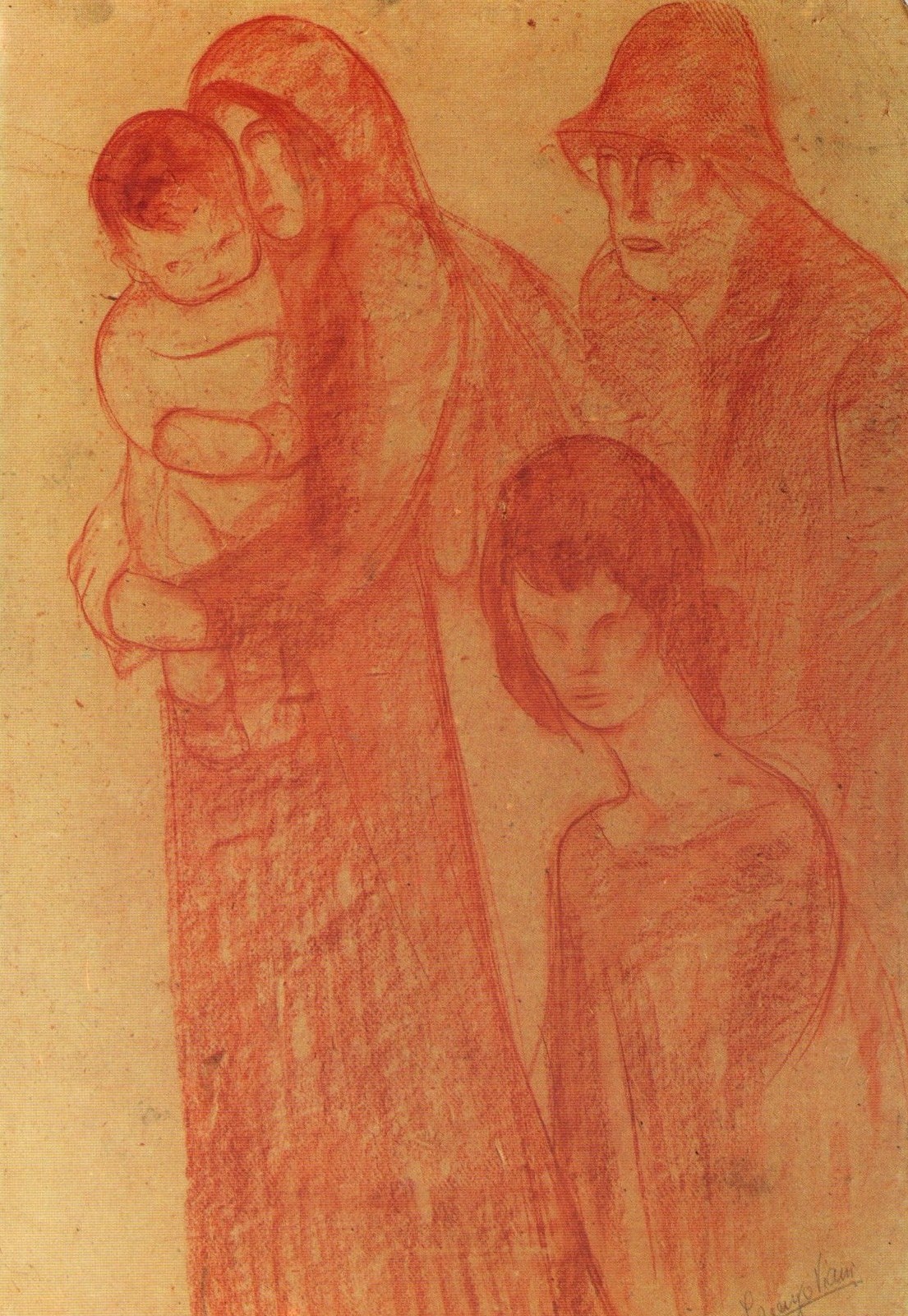 Esodo, figura maschile e femminile con bambini (disegno) di Viani Lorenzo (sec. XX)