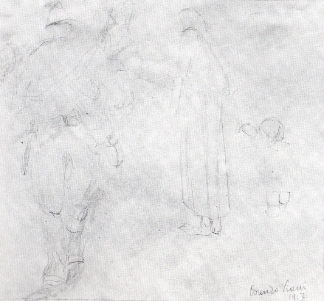 Soldato, donna e bambina, soldato, donna e bambina (disegno) di Viani Lorenzo (sec. XX)