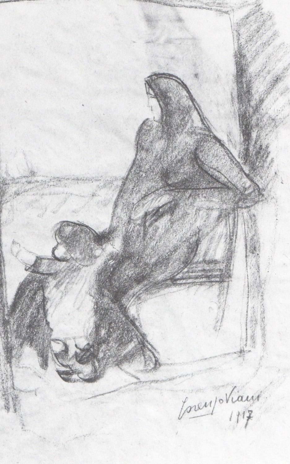 Donna con bambino, donna con bambino (disegno) di Viani Lorenzo (sec. XX)