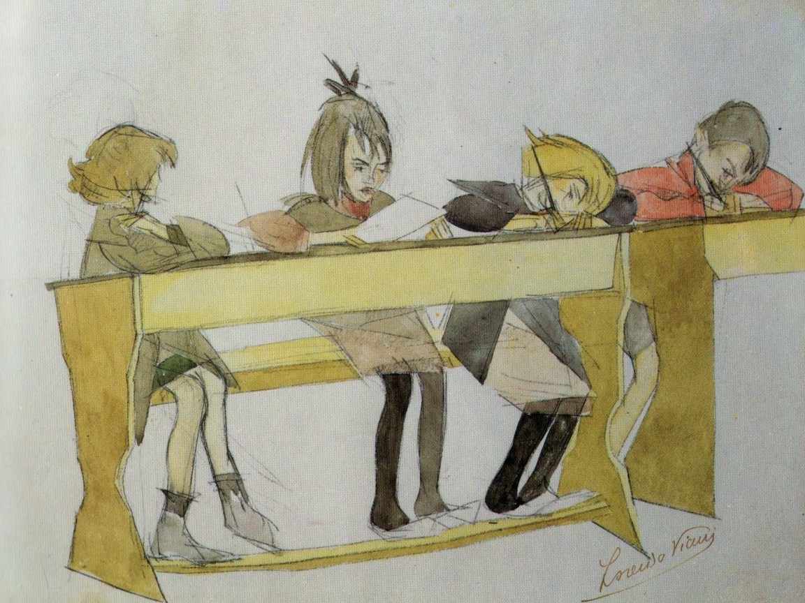 Quattro scolari al banco, BAMBINI SEDUTI AD UN BANCO DI SCUOLA (dipinto) di Viani Lorenzo (sec. XX)