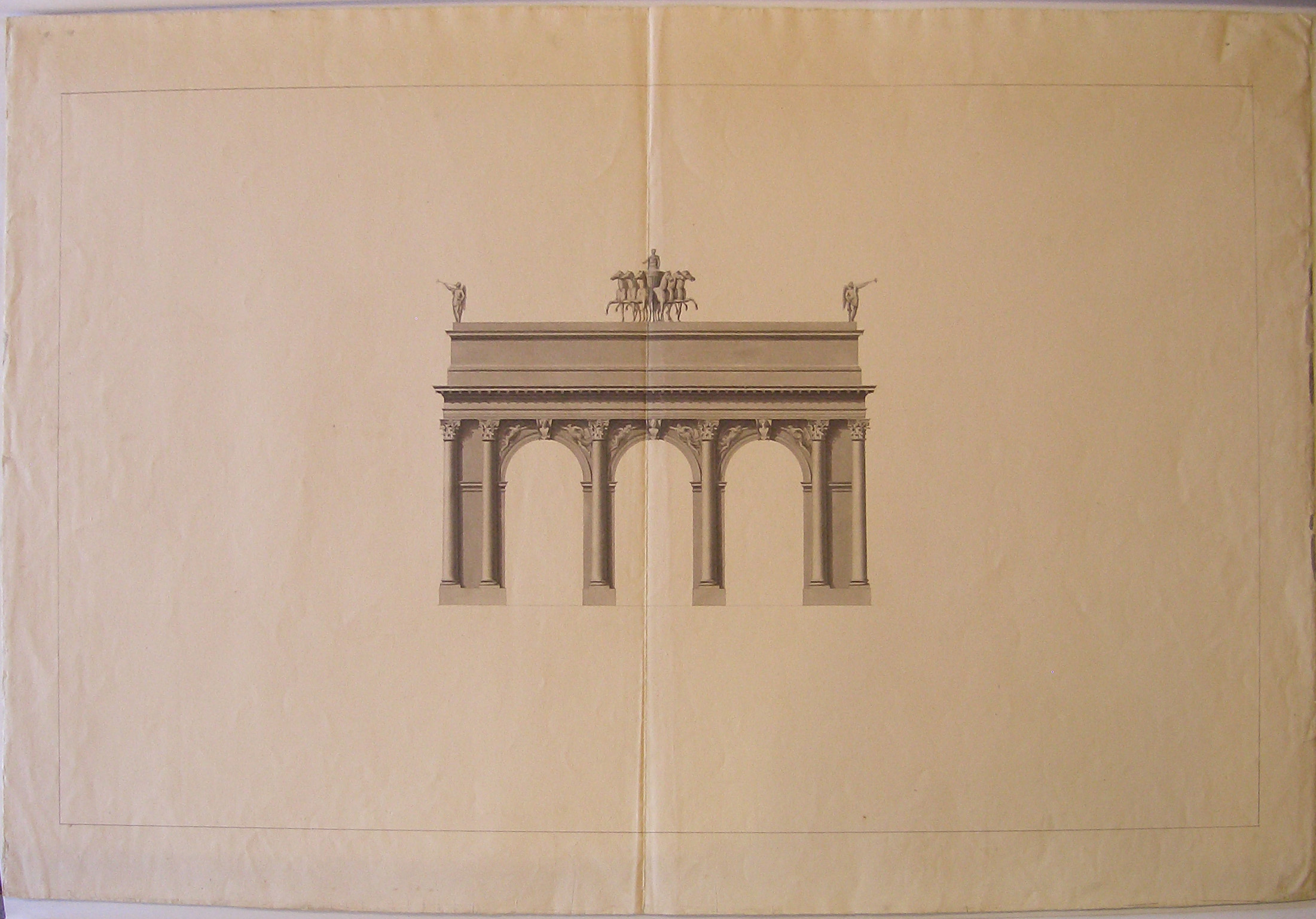 Progetto architettonico: Arco di Porta Nuova a Milano - Prospetto del fronte (?) (disegno architettonico) di Cagnola Luigi (attribuito) - ambito lombardo (sec. XIX)