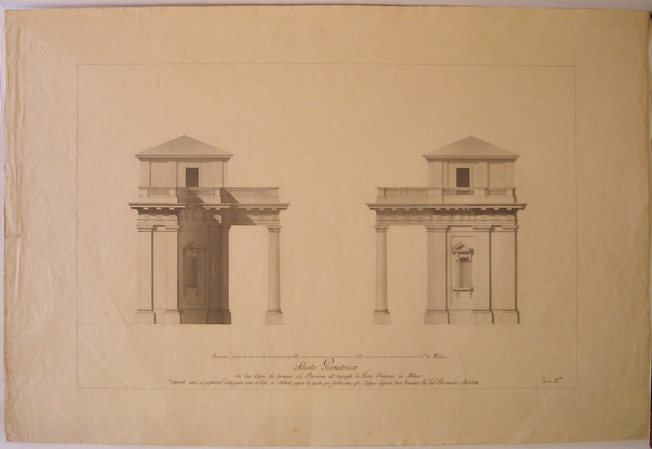 Alzato Geometrico dei due Casini, che formano la Barriera all'ingresso di Porta Orientale in Milano, Progetto architettonico: Barriera di Porta Orientale a Milano. Prospetto dei fianchi (disegno architettonico) di Cagnola Luigi (sec. XVIII)