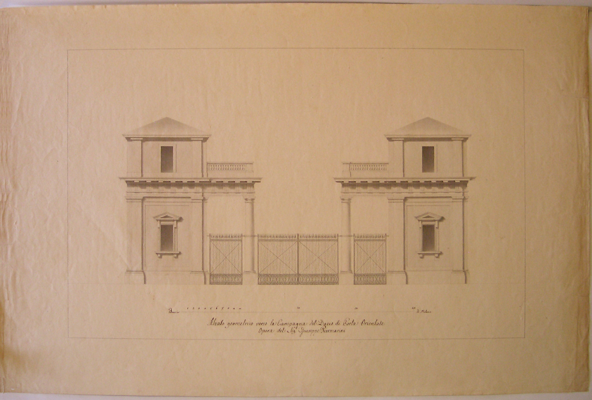 Alzato geometrico verso la Campagna del Dazio di Porta Orientale, Progetto architettonico: Barriera di Porta Orientale a Milano. Prospetto verso la campagna (disegno architettonico) di Cagnola Luigi (sec. XVIII)