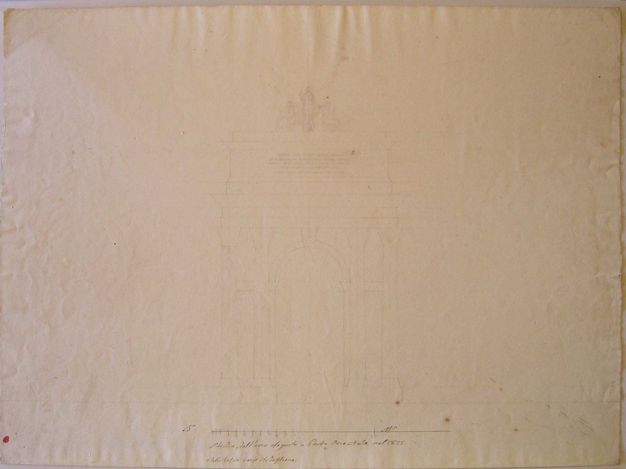Studio per l'arco eseguito a Porta Orientale nel 1825 + della testa verso il Bastione, Progetto architettonico: Arco provvisorio di Porta Orientale a Milano. Prospetto del fianco (disegno architettonico) di Cagnola Luigi (sec. XIX)