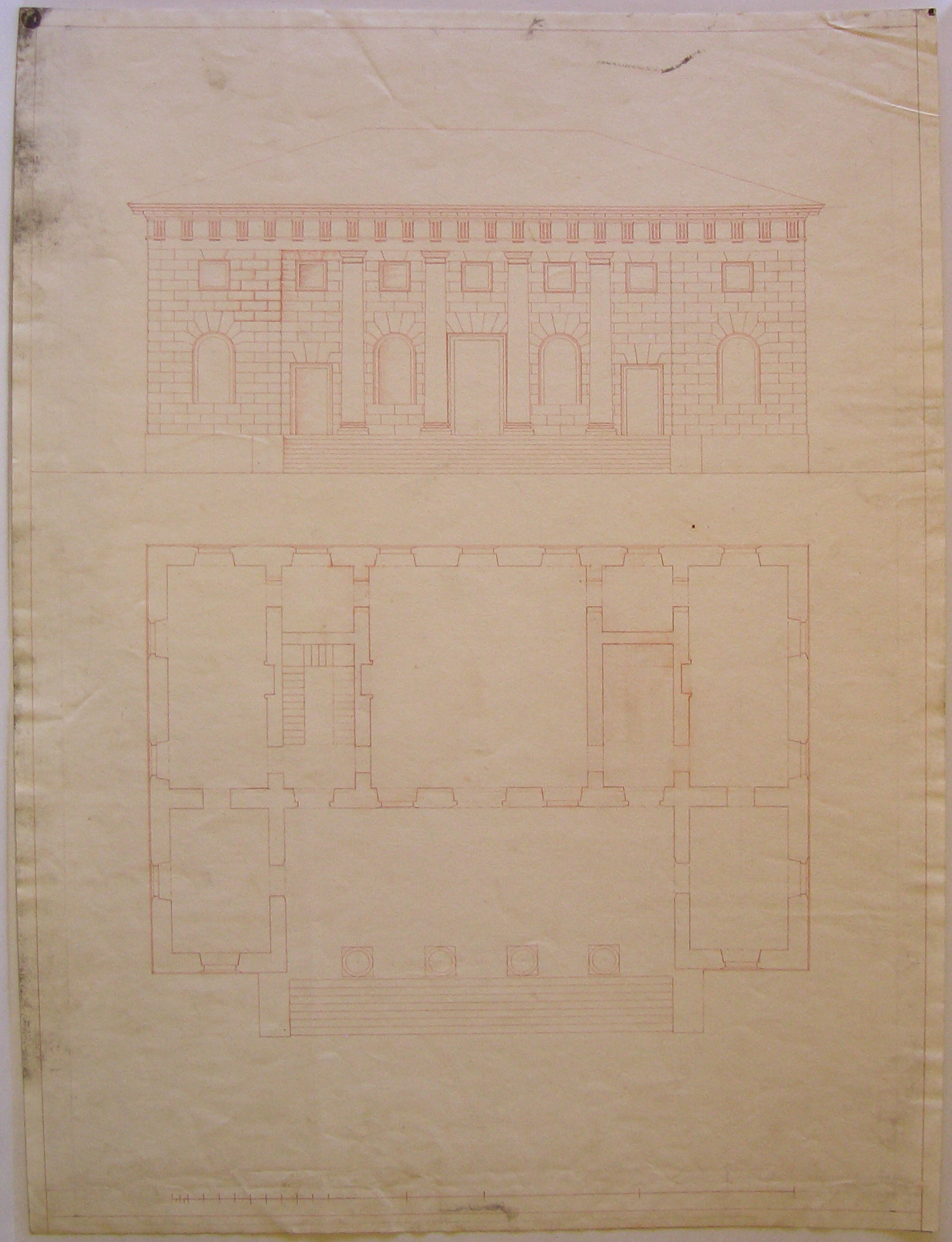 Progetto architettonico: Caselli daziari di Porta Orientale a Milano. Pianta e Prospetto della facciata (disegno architettonico) di Cagnola Luigi (sec. XIX)