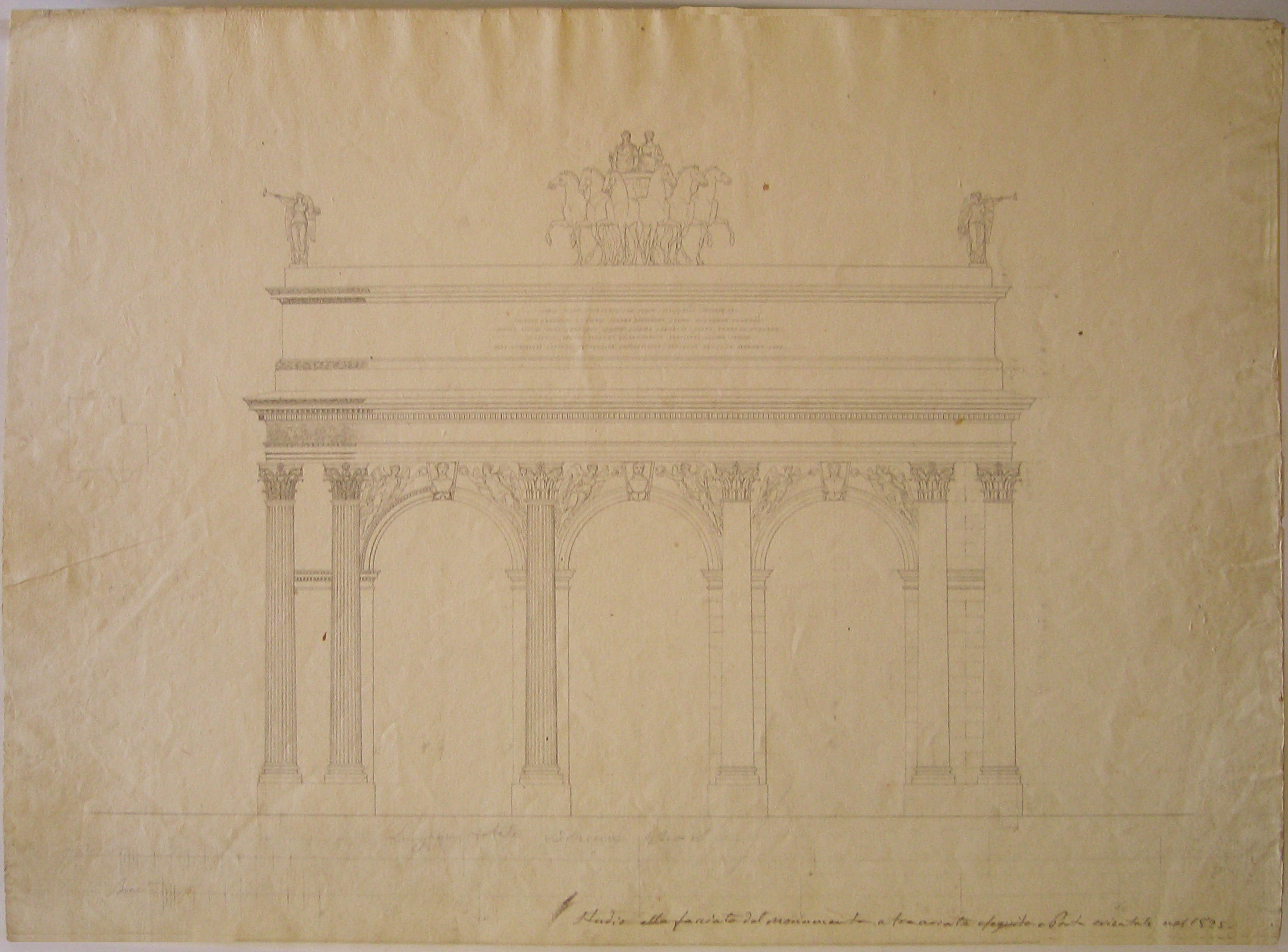 Studio alla facciata del monumento a tre arcate eseguito a Porta Orientale nel 1825, progetto architettonico: arco provvisorio a porta Orientale a Milano - prospetto del fronte (seconda variante) (disegno architettonico) di Cagnola Luigi (sec. XIX)