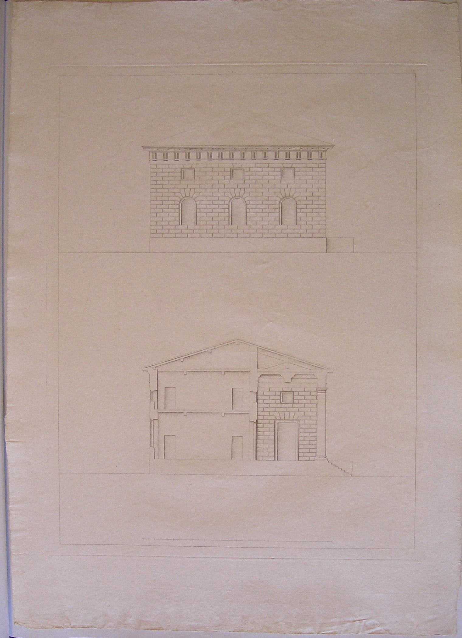 progetto architettonico: caselli daziari a porta Orientale a Milano - prospetto del fronte posteriore e sezione trasversale (stampa) di Cagnola Luigi (sec. XIX)