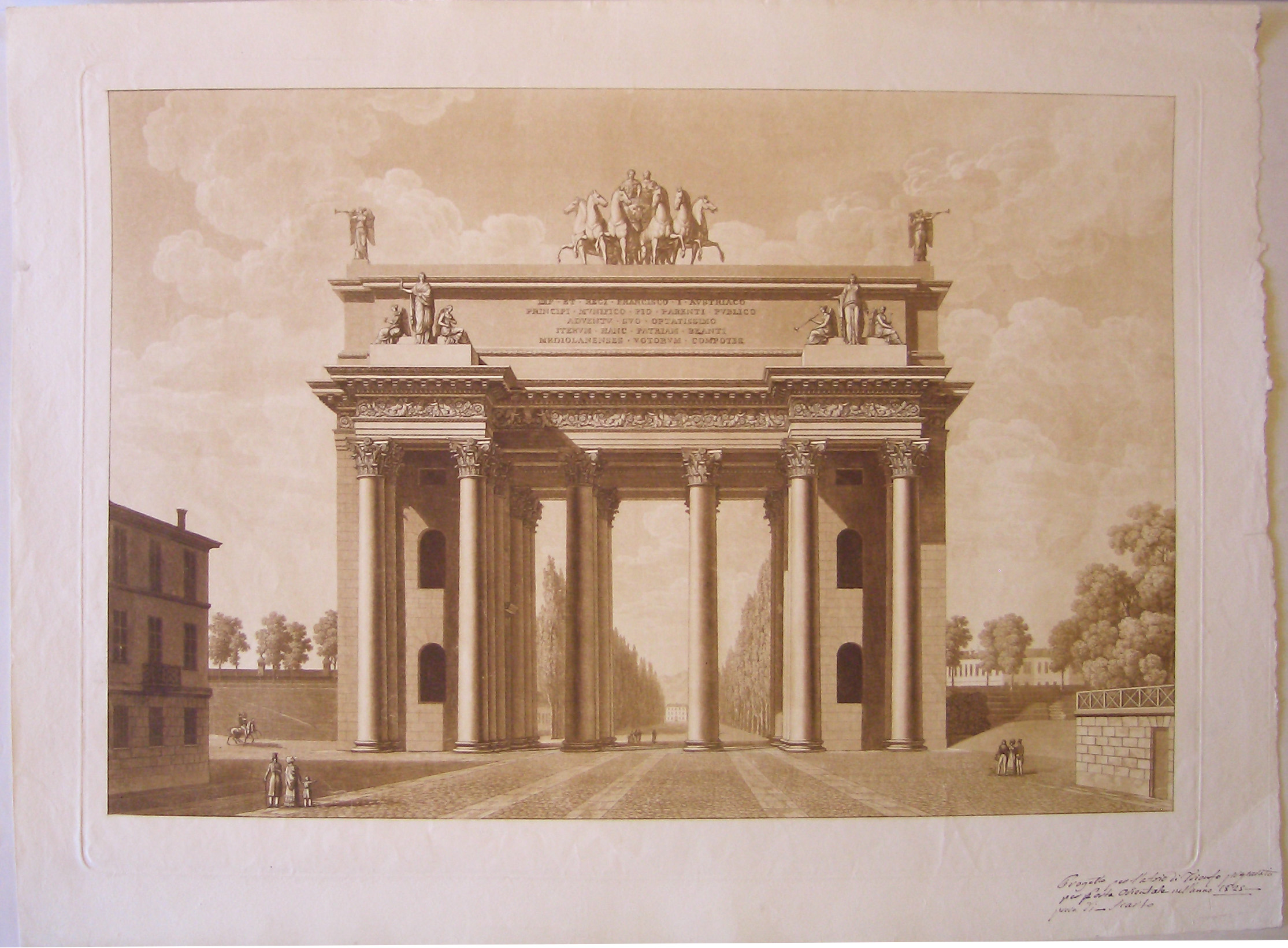 Progetto per l'atrio di trionfo preparato per porta Orientale nell'anno 1825, veduta prospettica dell'arco provvisorio a porta Orientale a Milano (prima variante) (stampa) di Cagnola Luigi (sec. XIX)