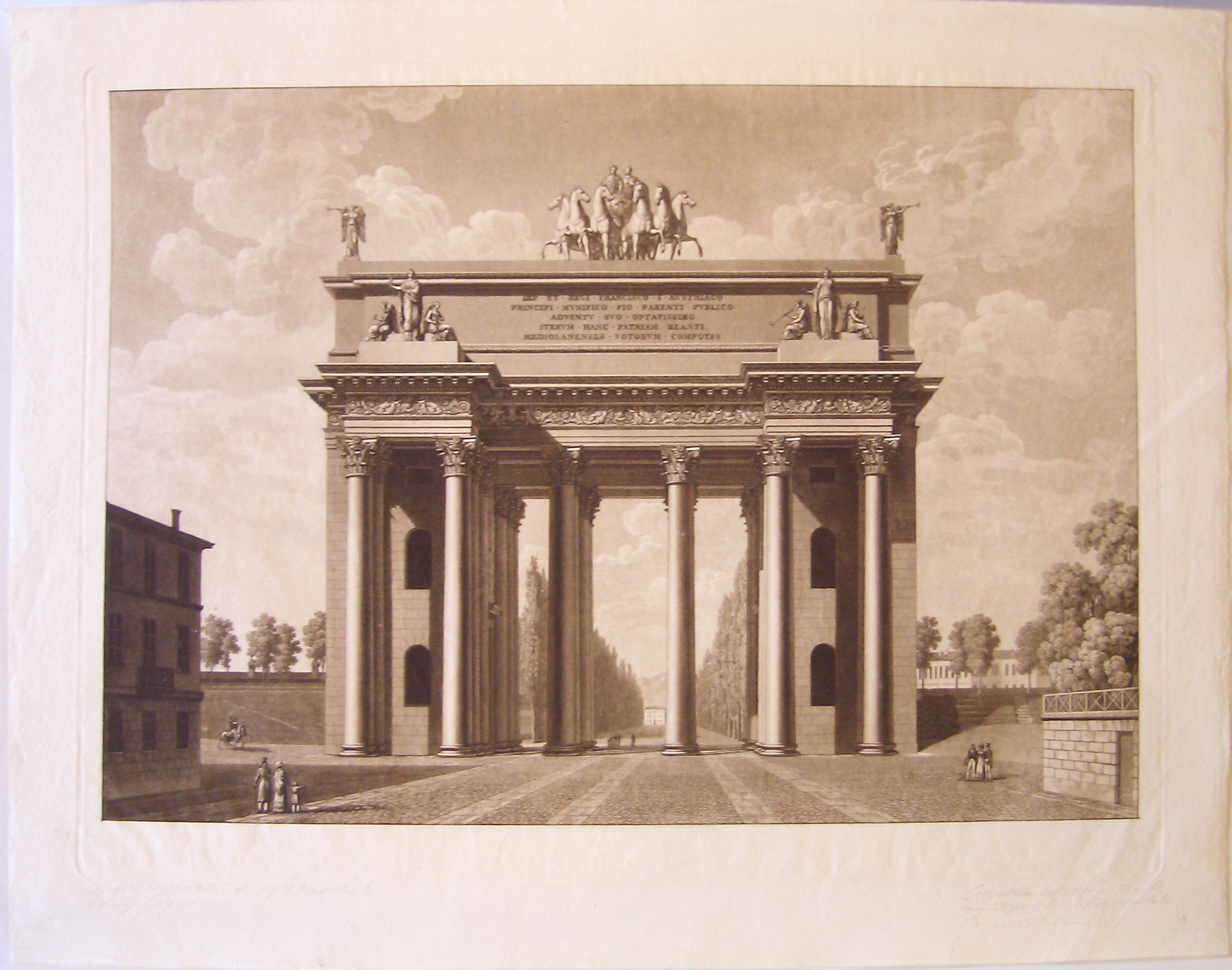 Prospettiva dell'atrio di trionfo disegnato per i dazi di porta Orientale l'anno 1825, veduta prospettica dell'arco provvisorio a porta Orientale a Milano (prima variante) (stampa) di Cagnola Luigi (sec. XIX)