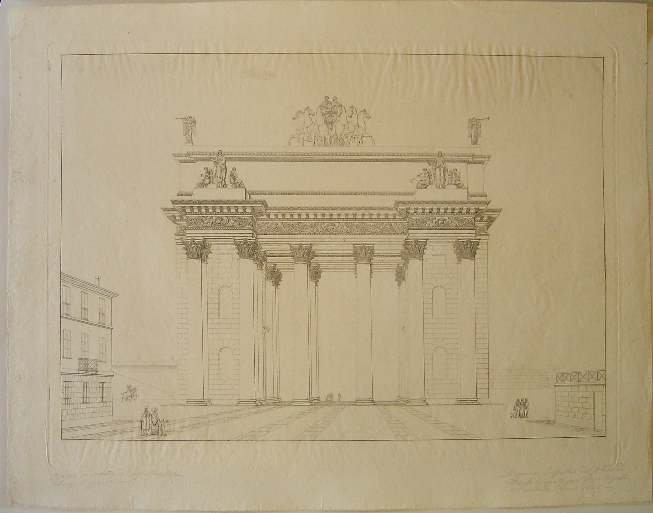 Disegno in prospettiva dell'atrio di trionfo disegnato per il dazio di porta Orientale l'anno 1825, veduta prospettica dell'arco provvisorio a porta Orientale a Milano (prima variante) (stampa) di Cagnola Luigi (sec. XIX)