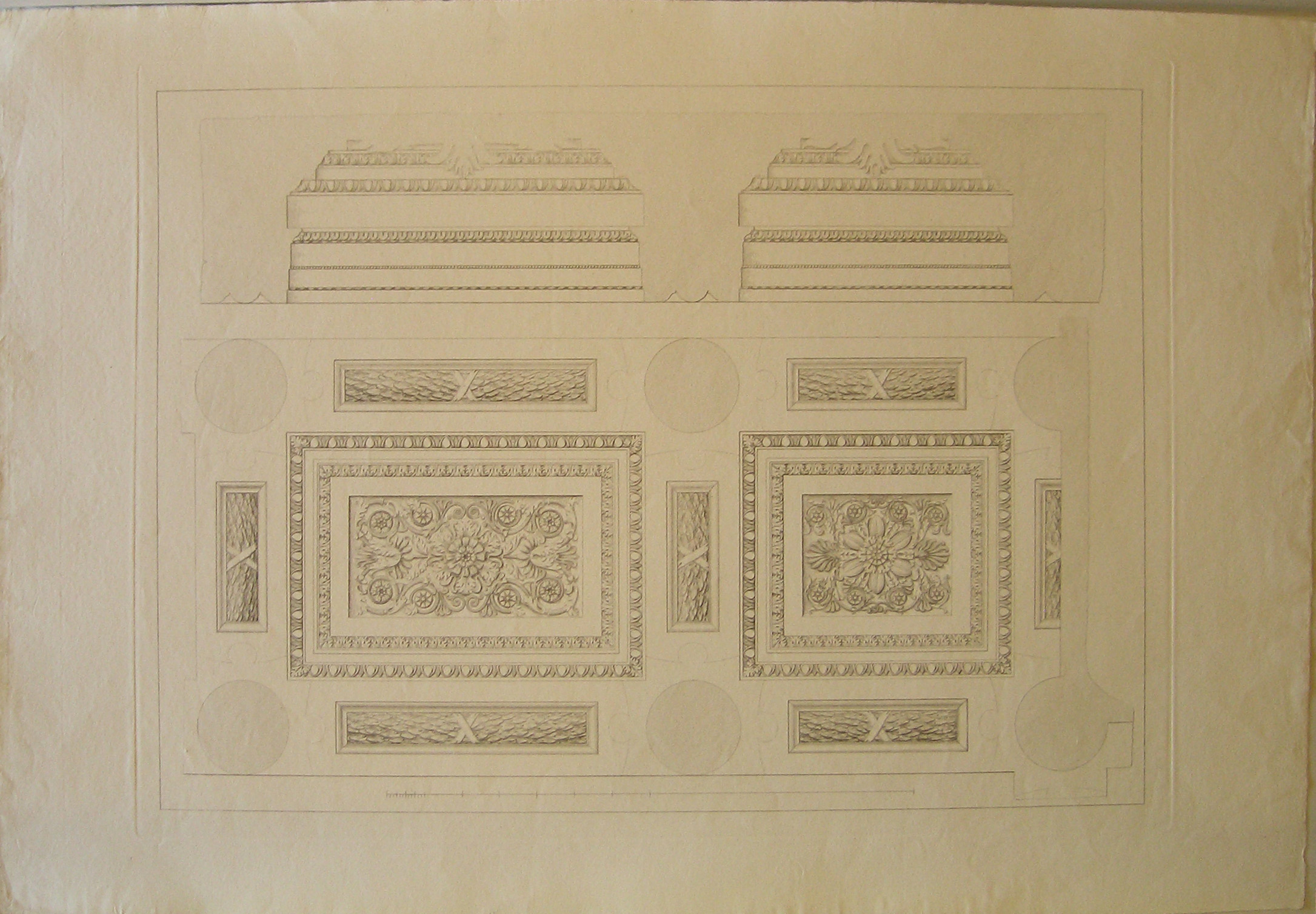progetto architettonico: arco provvisorio a porta Orientale a Milano- sviluppo e sezione dei cassettoni del soffitto (prima variante) (stampa) di Cagnola Luigi (sec. XIX)