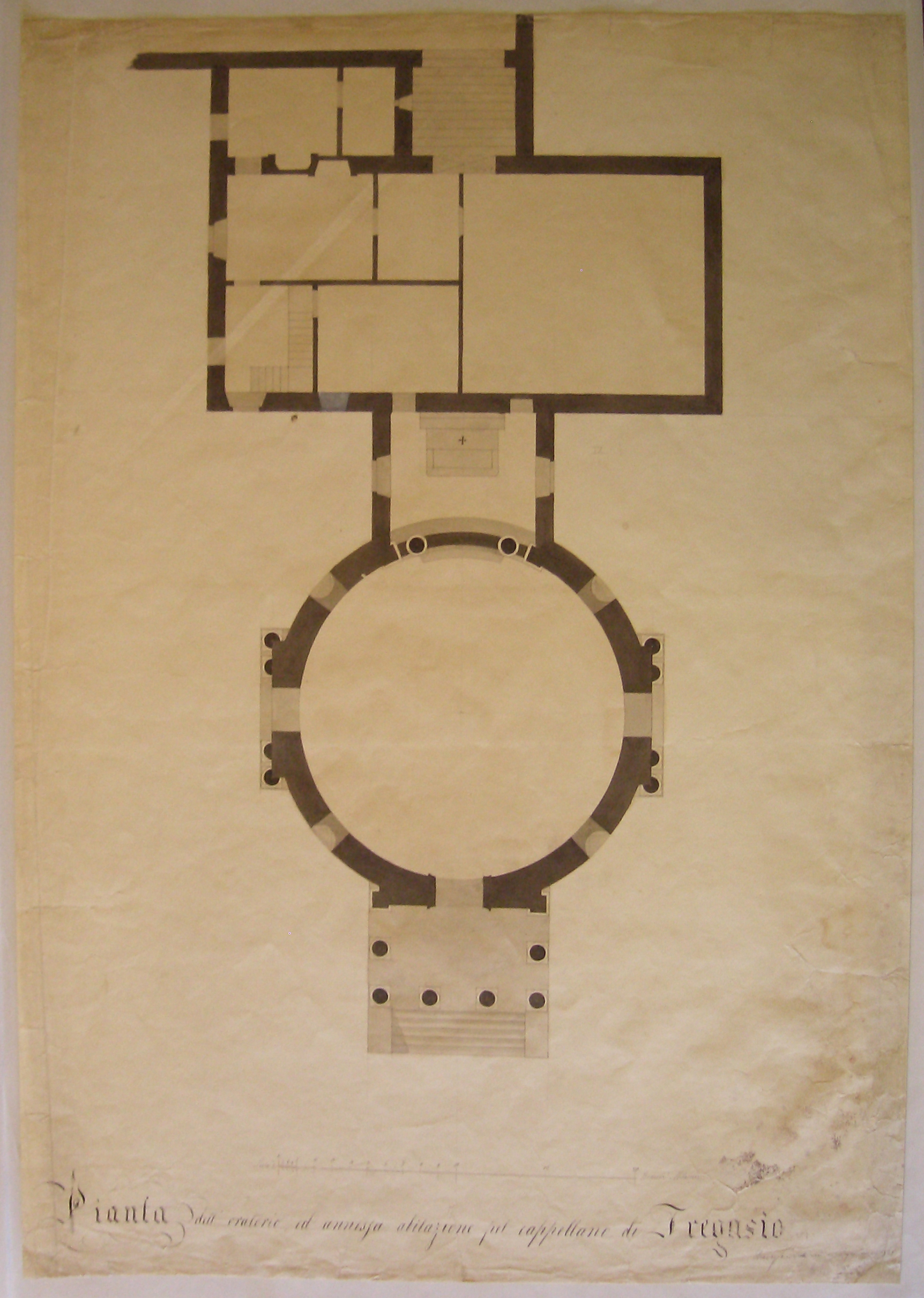 Pianta dell'oratorio, ed annessa abitazione pel cappellano di Tregasio, progetto architettonico: pianta per l'oratorio di Tregasio (disegno architettonico) di Nava Ambrogio (sec. XIX)