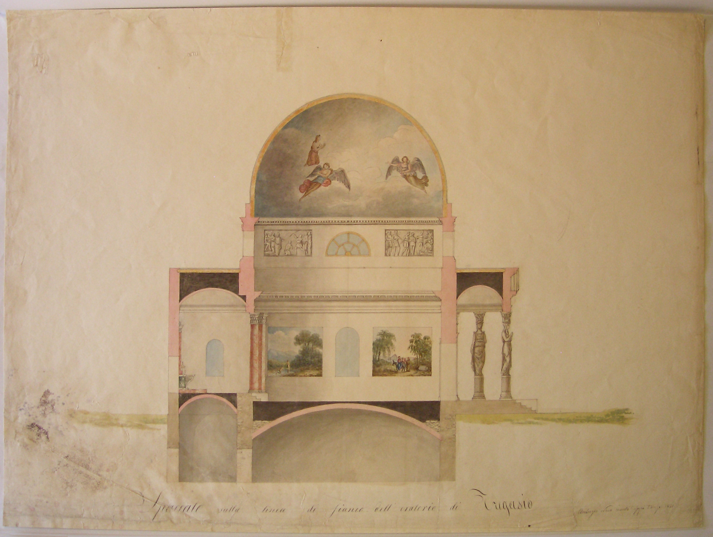 Spaccato sulla linea di fianco dell'oratorio di Tregasio, progetto architettonico: sezione longitudinale per l'oratorio di Tregasio (disegno architettonico) di Nava Ambrogio (sec. XIX)