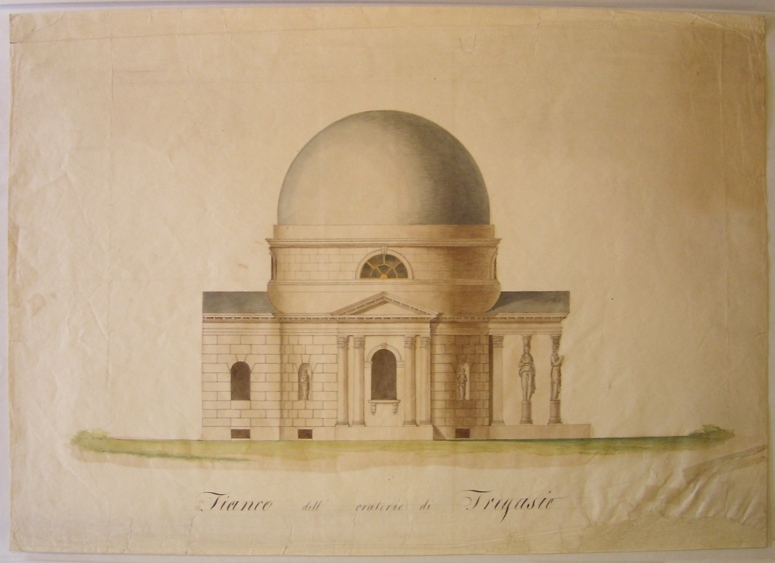 Fianco dell'oratorio di Tregasio, progetto architettonico: prospetto del fianco per l'oratorio di Tregasio (disegno architettonico) di Nava Ambrogio (sec. XIX)