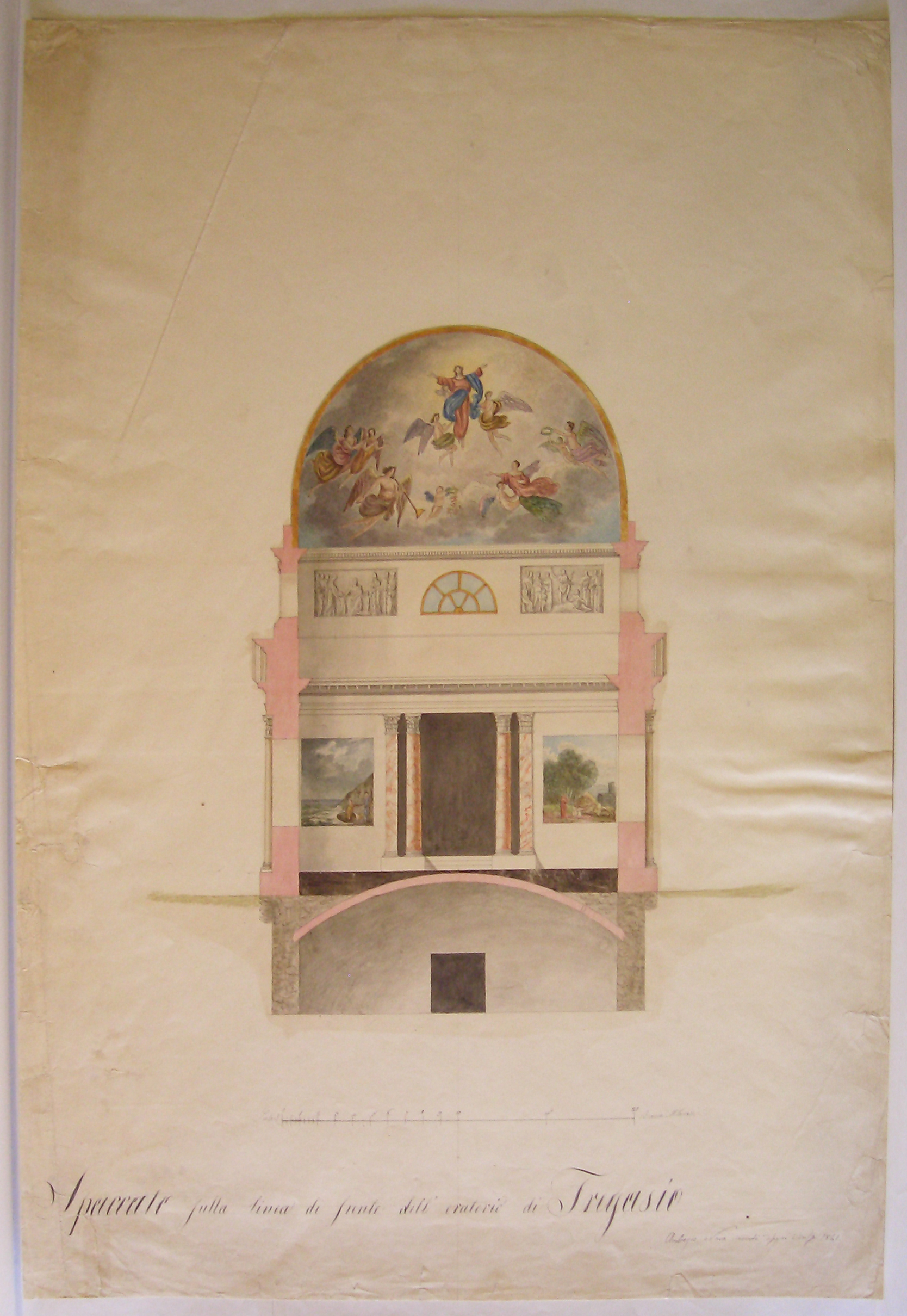 Spaccato sulla linea di fronte dell'oratorio di Tregasio, progetto architettonico: sezione trasversale per l'oratorio di Tregasio (disegno architettonico) di Nava Ambrogio (sec. XIX)