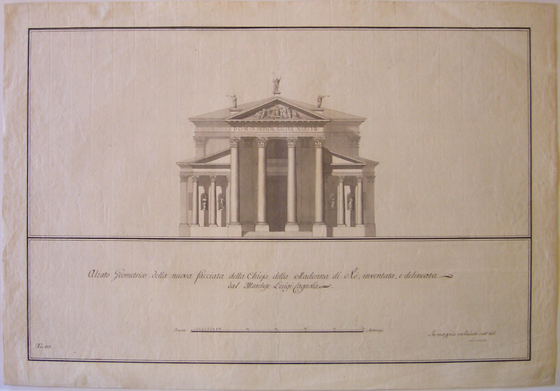 Alzato geometrico della nuova facciata della Chiesa della Madonna di Rò, Rho. Progetto per la facciata del Santuario della Madonna dei Miracoli. Prospetto della facciata (prima variate) (disegno architettonico, opera isolata) di Cagnola Luigi (attribuito) (fine sec. XVIII)