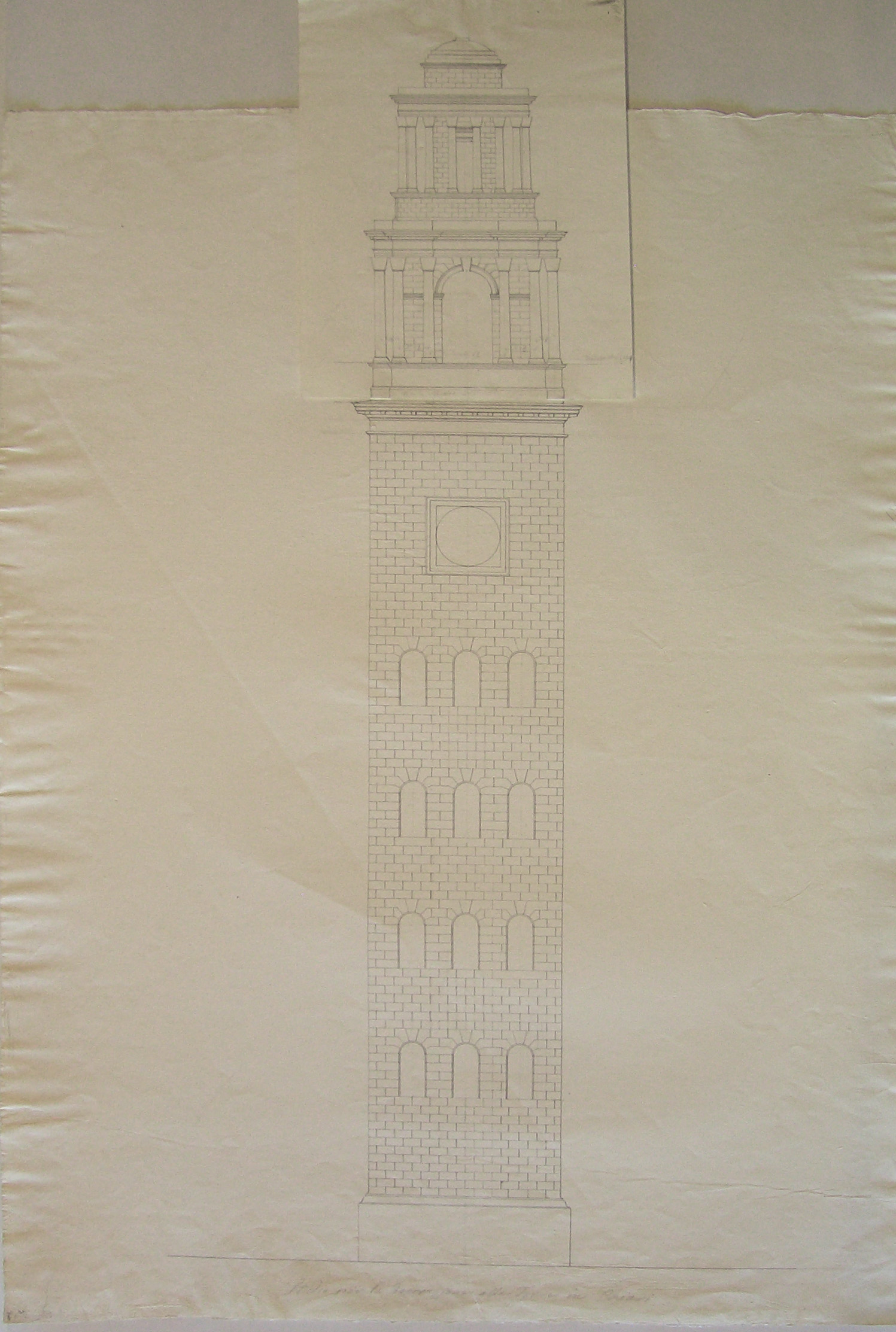Studio per la decorazione alla torre di Chiari, Chiari. Progetto per una Torre Campanaria. Prospetto (terza variante) (disegno architettonico, opera isolata) di Cagnola Luigi (attribuito) (prima metà sec. XIX)