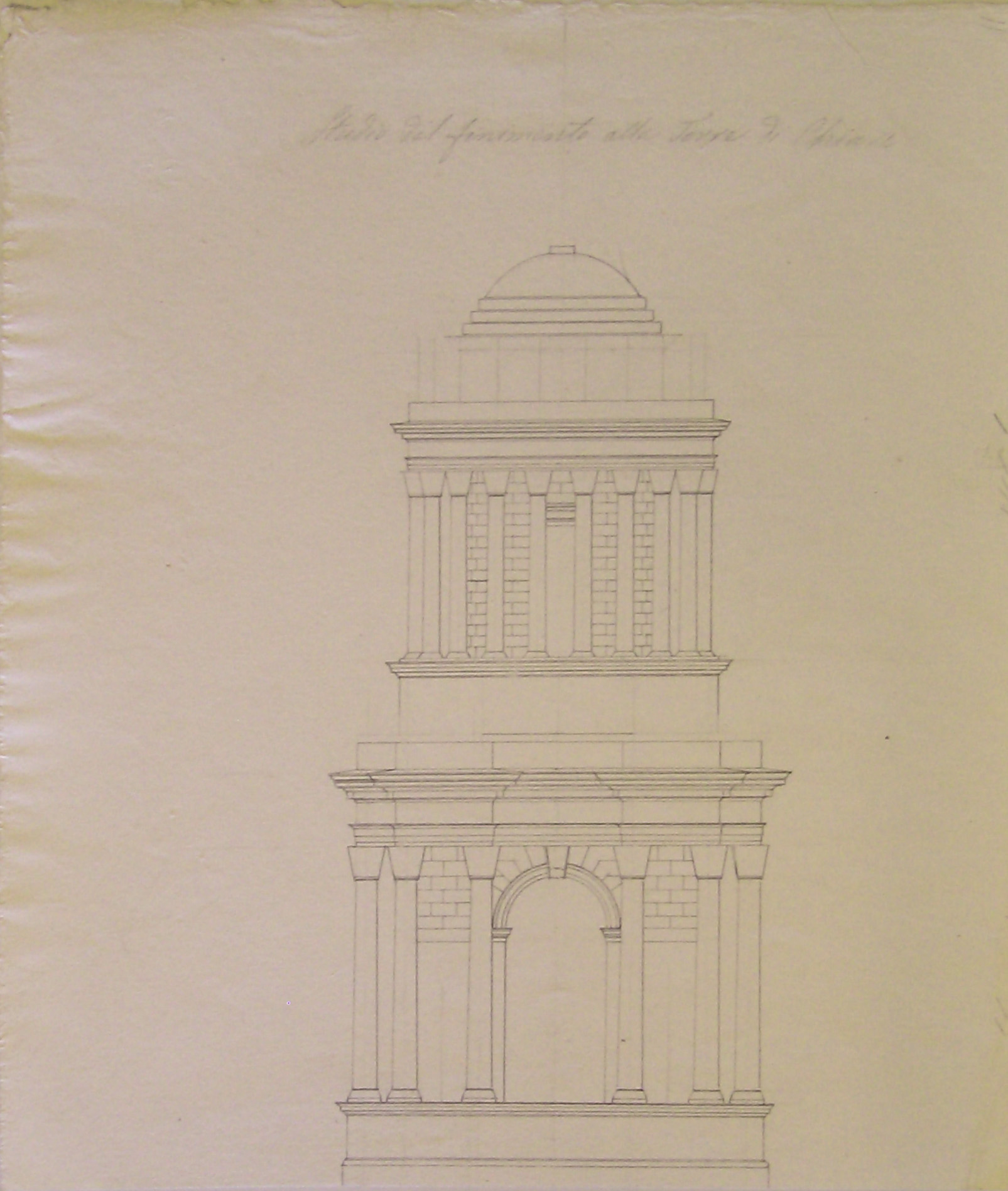 Studio del finimento alla Torre di Chiari, Chiari. Progetto per una Torre Campanaria. Studio del coronamento (prima variante) (disegno architettonico, opera isolata) di Cagnola Luigi (attribuito) (prima metà sec. XIX)
