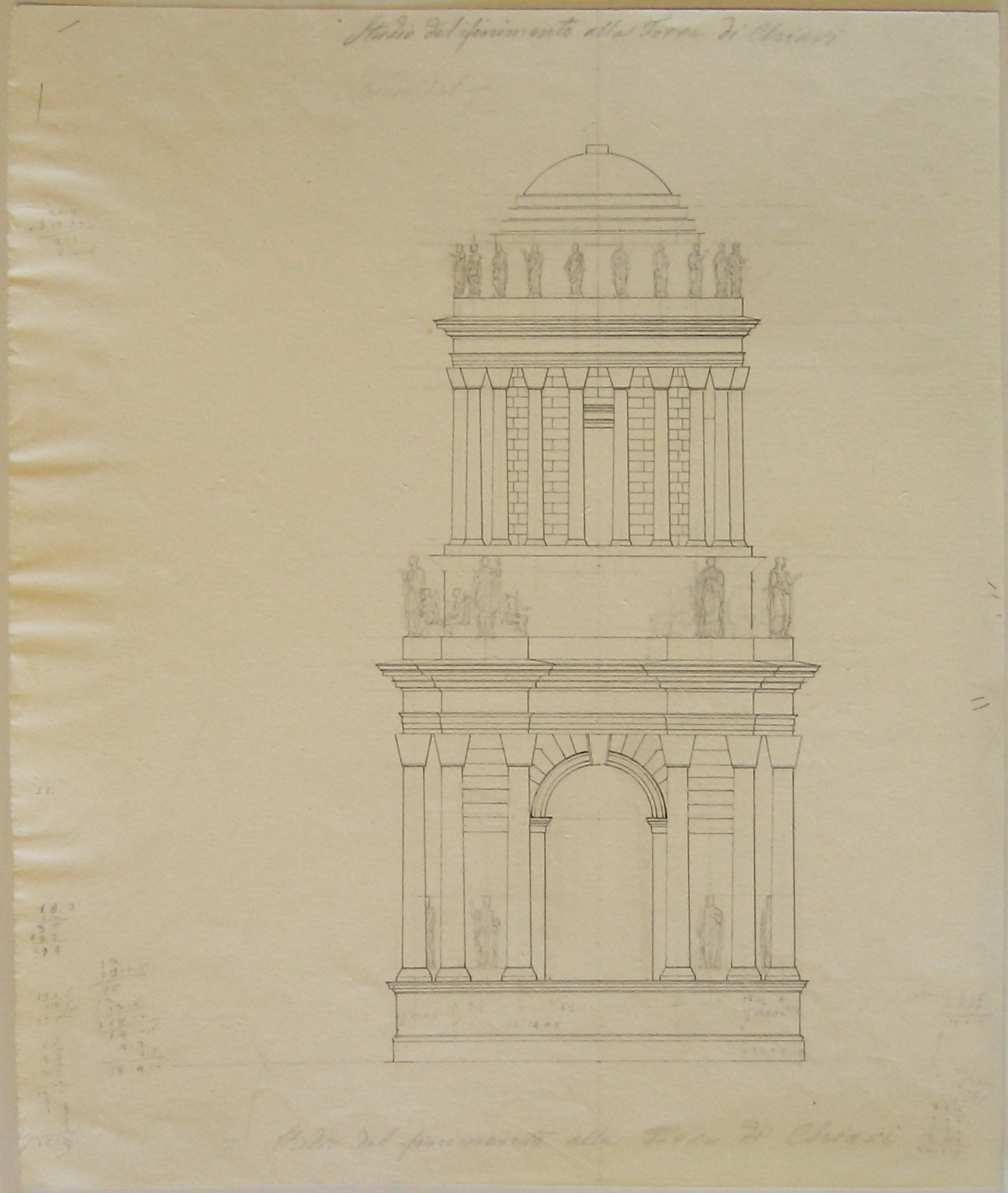 Studio del finimento alla Torre di Chiari, Chiari. Progetto per una Torre Campanaria. Studio del coronamento (prima variante) (disegno architettonico, opera isolata) di Cagnola Luigi (attribuito) (prima metà sec. XIX)