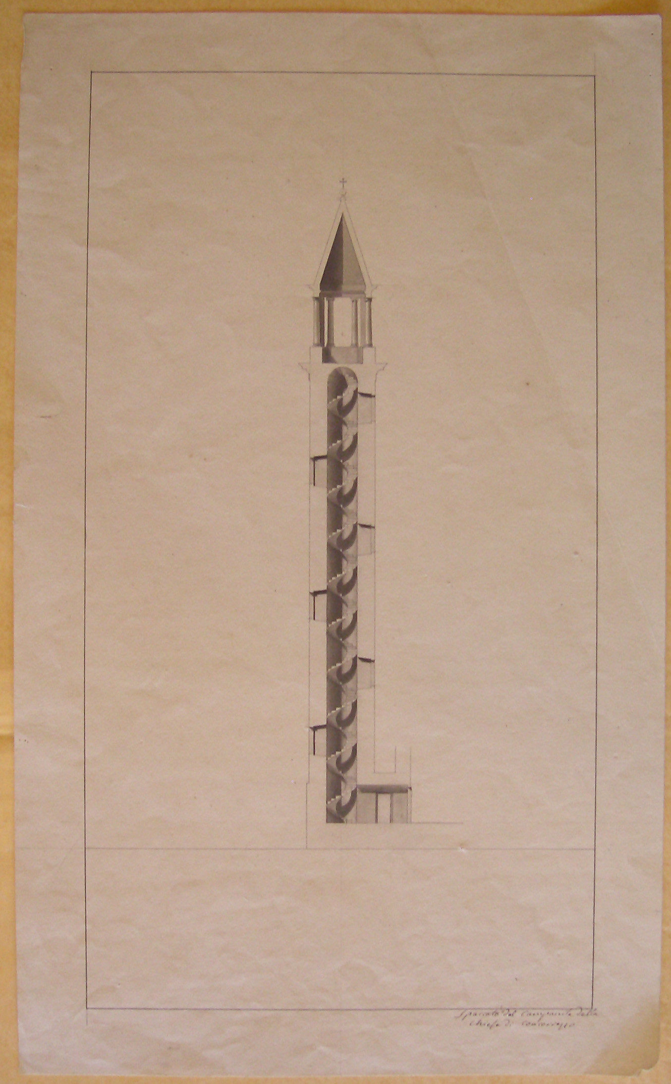 Spaccato del campanile della Chiesa di Concorezzo, Concorezzo. Progetto per la Chiesa dei SS. Cosma e Damiano. Sezione del campanile (disegno architettonico, opera isolata) di Cagnola Luigi (attribuito) (inizio sec. XIX)
