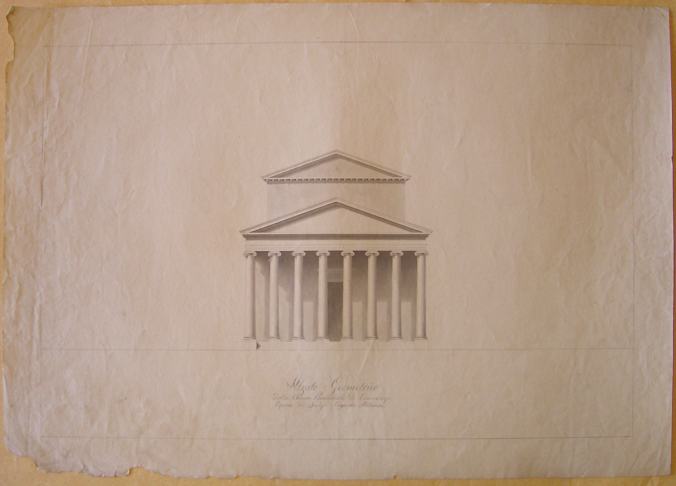 Alzato geometrico della Chiesa parrocchiale di Concorezzo, Concorezzo. Progetto per la Chiesa dei SS. Cosma e Damiano. Prospetto della facciata (seconda variante) (disegno architettonico, opera isolata) di Cagnola Luigi (attribuito) (inizio sec. XIX)