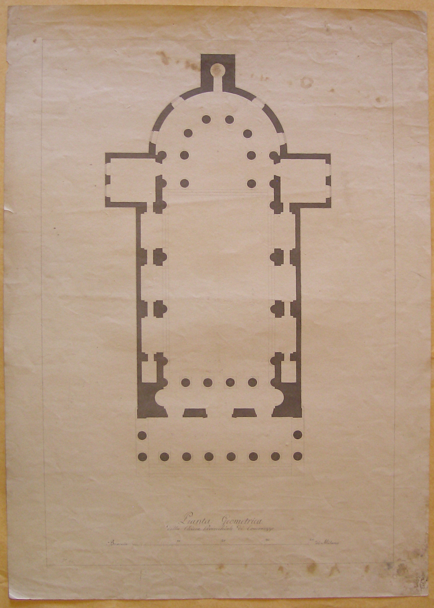 Pianta geometrica della Chiesa parrocchiale di Concorezzo, Concorezzo. Progetto per la Chiesa dei SS. Cosma e Damiano. Pianta (terza variante) (disegno architettonico, opera isolata) di Cagnola Luigi (attribuito) (inizio sec. XIX)