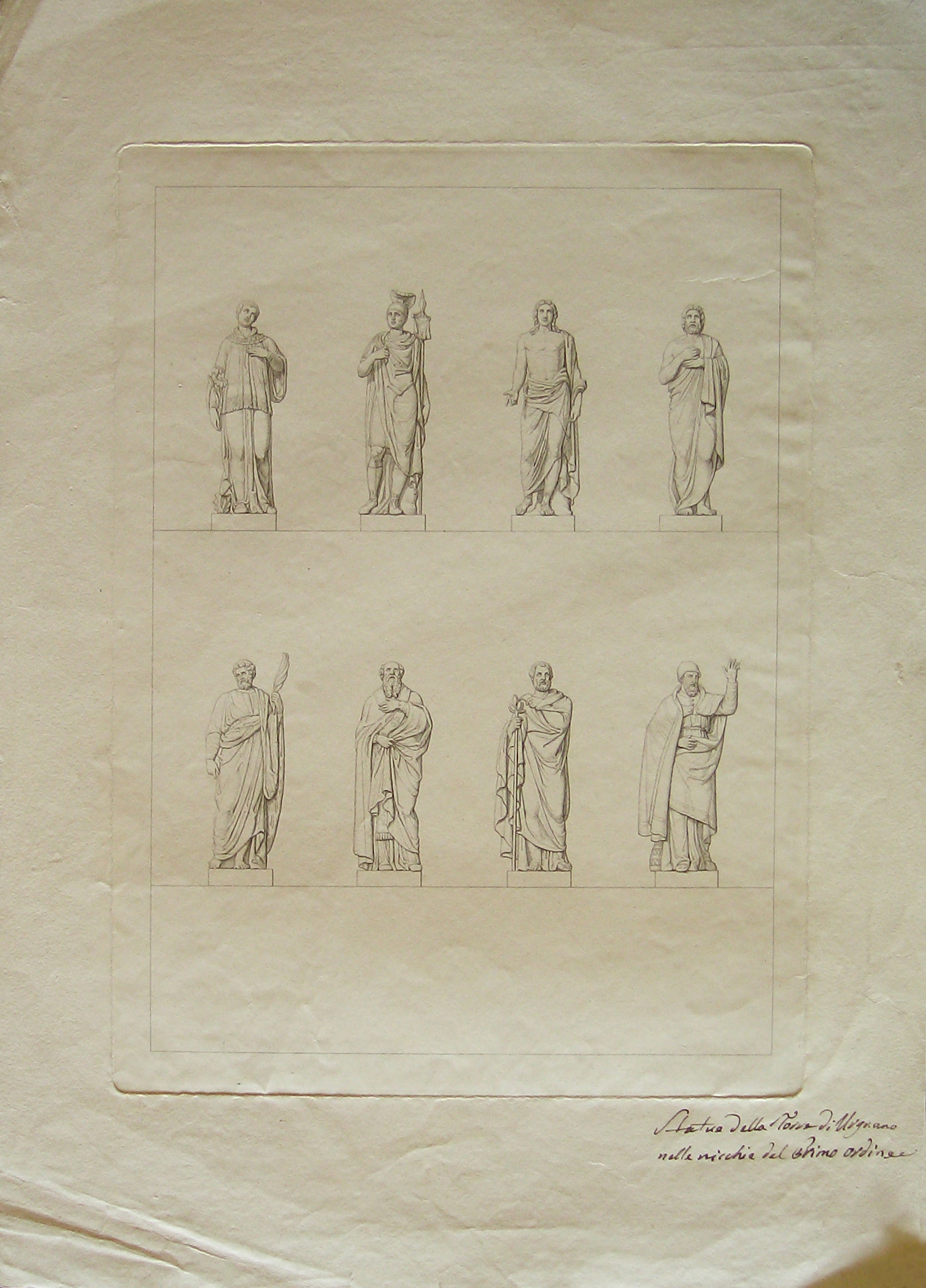 Statue della Torre di Urgnano nella nicchia del primo ordine, Urgnano. Progetto per una torre campanaria. Statue (stampa) di Cagnola Luigi (attribuito) (inizio sec. XIX)