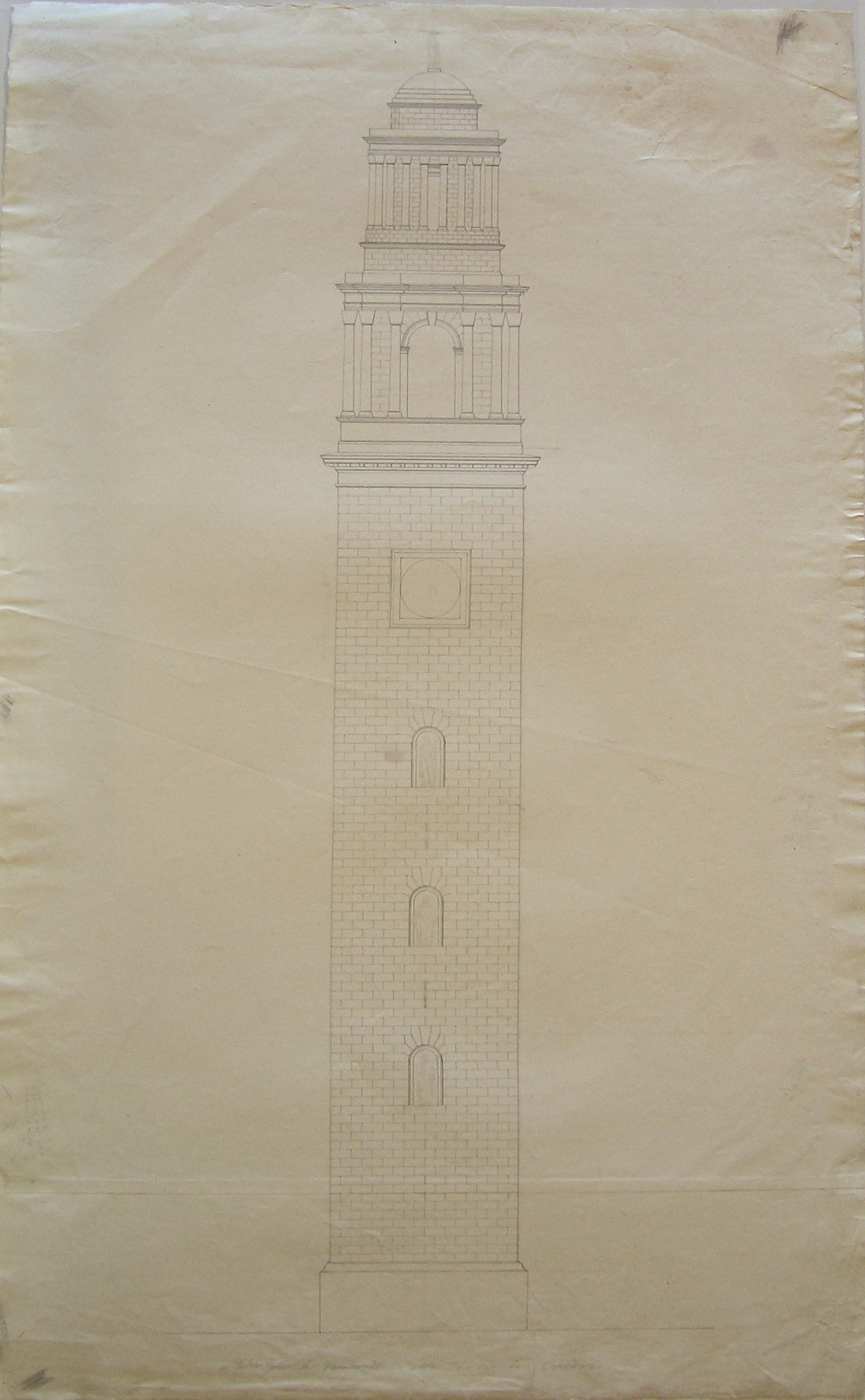 Studio di decorazione alla torre in Chiari, Chiari. Progetto per una Torre campanaria. Prospetto (prima variante) (disegno architettonico, opera isolata) di Cagnola Luigi (attribuito) (prima metà sec. XIX)