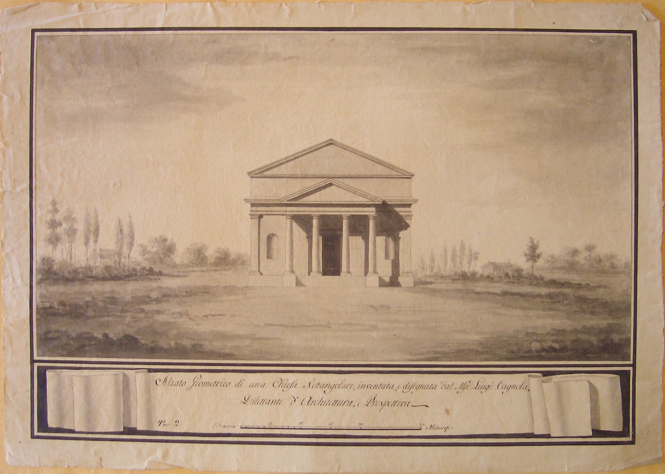 Alzato geometrico di una chiesa rettangolare, Milano. Progetto per una chiesa rettangolare. Prospetto della facciata (prima variante) (disegno architettonico, opera isolata) di Cagnola Luigi (attribuito) (ultimo quarto sec. XVIII)