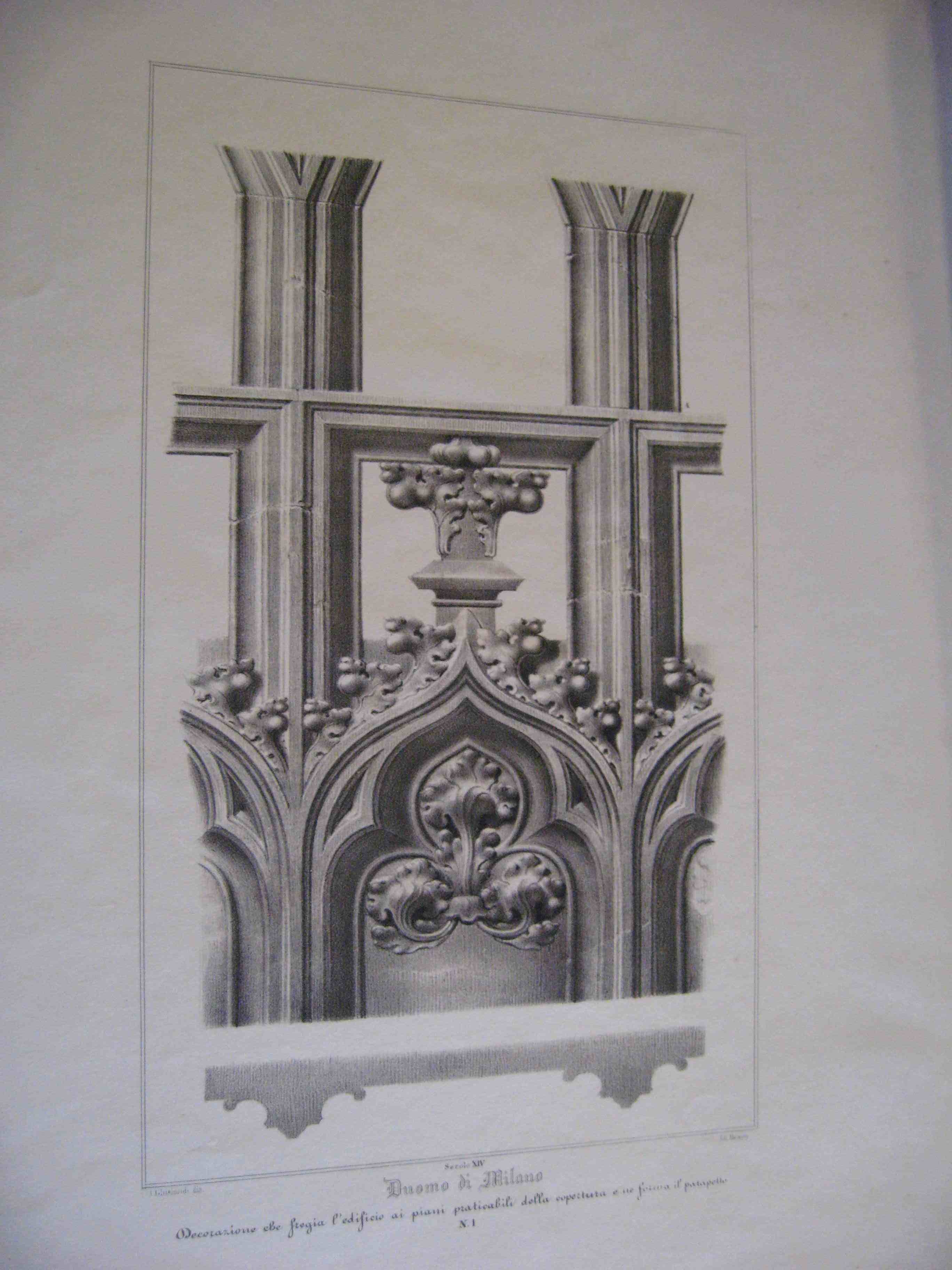 Duomo di Milano. Decorazione che fregia l'edificio ai piani praticabili della copertura e ne forma il parapetto n. 1, Dettaglio del parapetto del Duomo di Milano (stampa) di Ghislandi Andrea (attribuito) (sec. XIX)