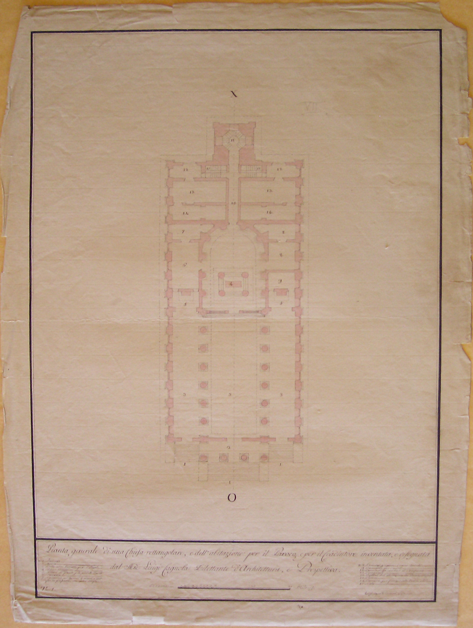 Pianta generale di una chiesa rettangolare, e dell'abitazione per il parroco, e per il coaiutore, Milano. Progetto per una chiesa rettangolare. Pianta (seconda variante) (disegno architettonico, opera isolata) di Cagnola Luigi (attribuito) (ultimo quarto sec. XVIII)