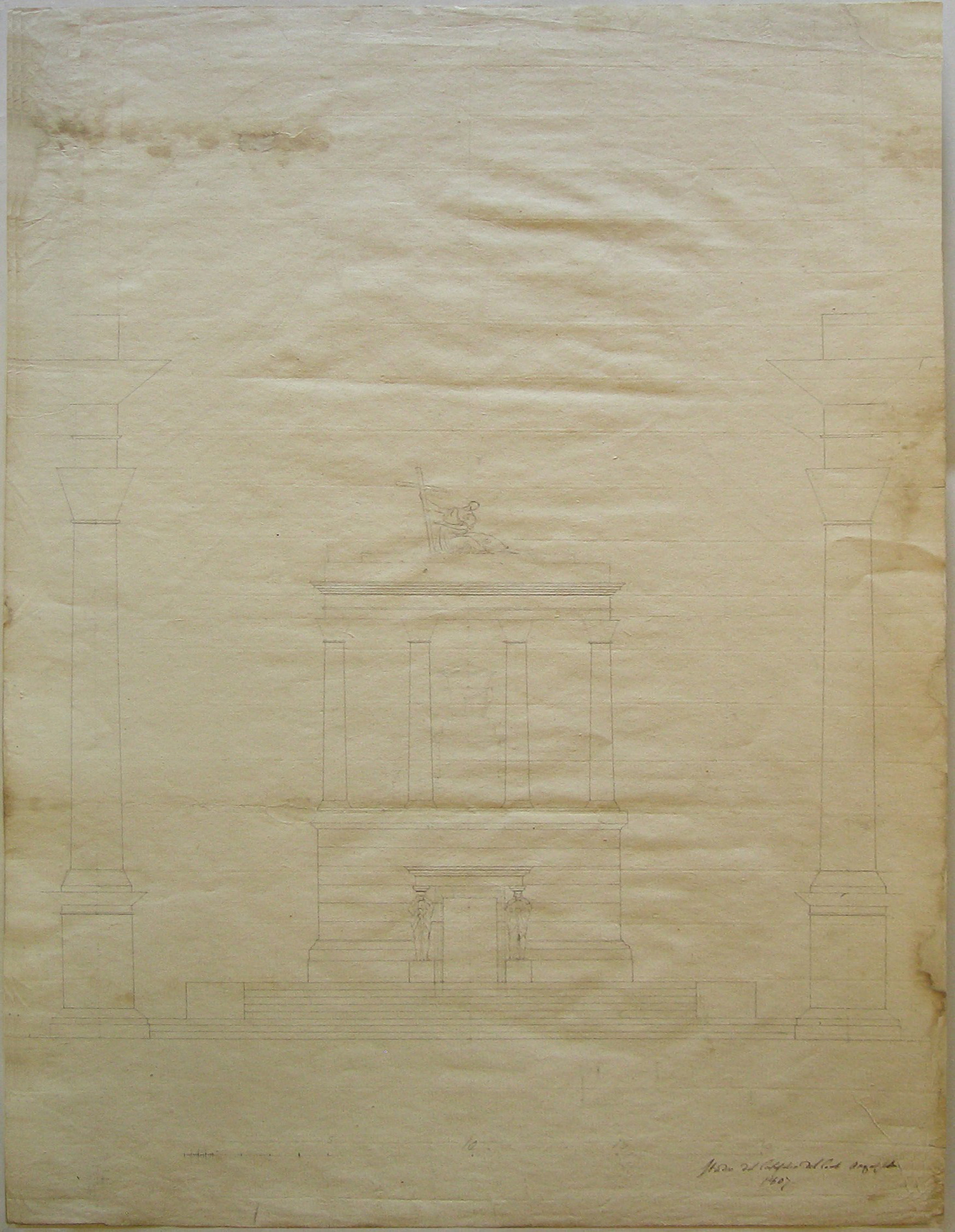 Studio del catafalco del conte Anguisola 1807, progetto architettonico: catafalco del conte Anguissola a Milano - prospetto del fronte (prima variante) (disegno architettonico) di Cagnola Luigi (sec. XIX)