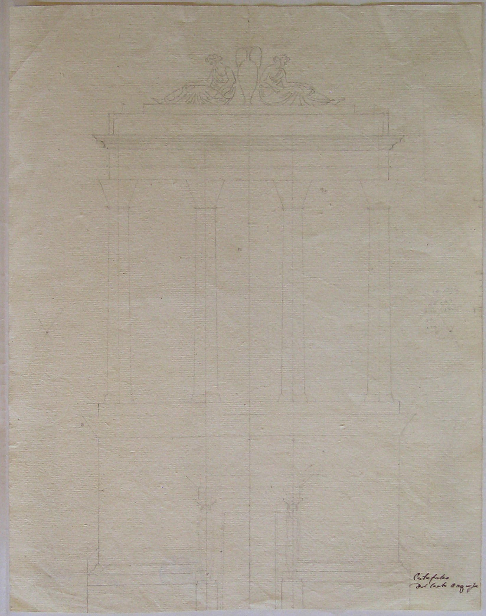 Catafalco del conte Anguisola, progetto architettonico: catafalco del conte Anguissola a Milano - studio per il prospetto del fronte (seconda variante) (disegno architettonico) di Cagnola Luigi (sec. XIX)