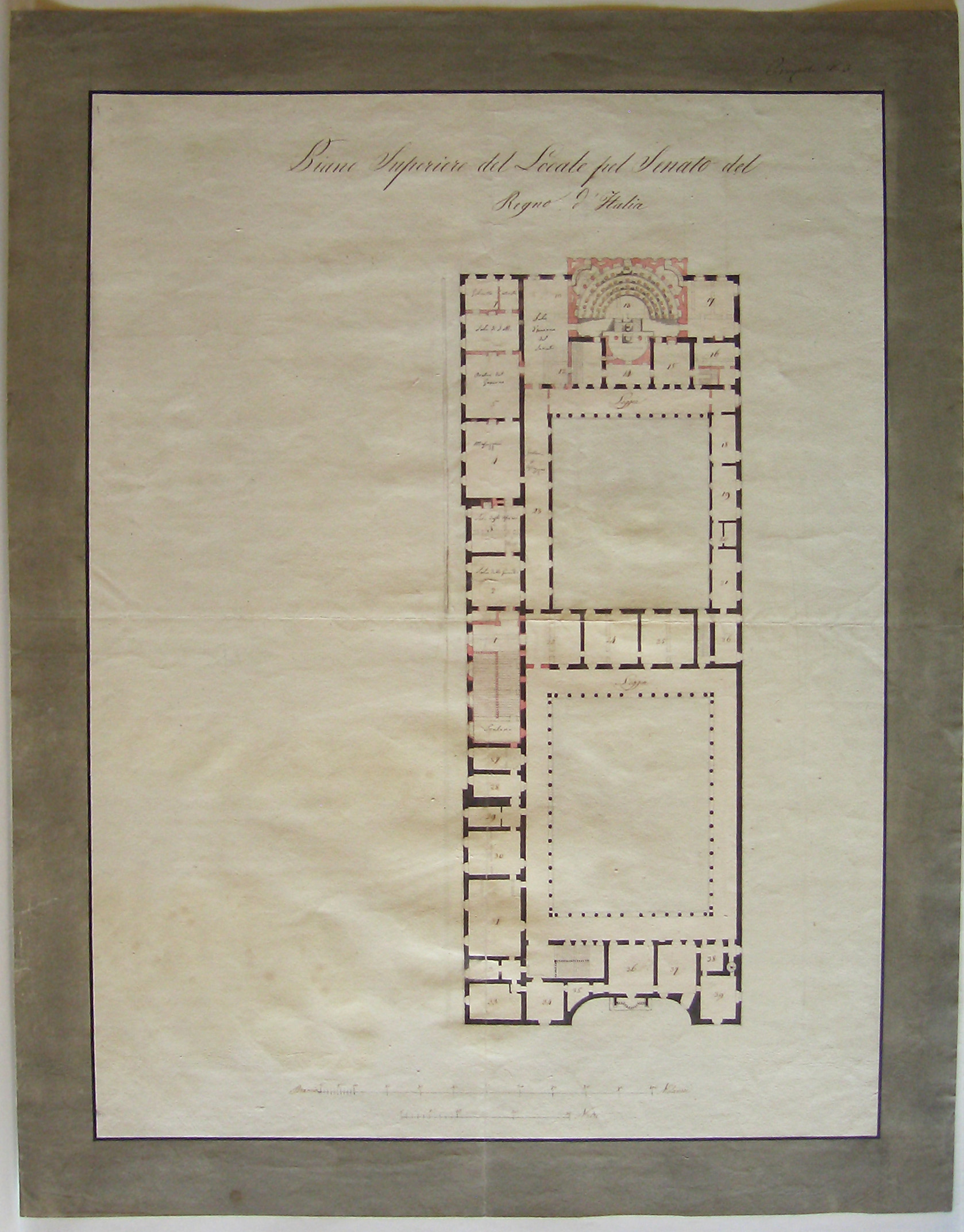 Spaccato per il largo della sala (recto e verso), Milano. Progetto per un intervento al Collegio della Guastalla. Prospetto interno della sala (recto e verso) (disegno architettonico, opera isolata) di Cagnola Luigi (attribuito) (prima metà sec. XIX)